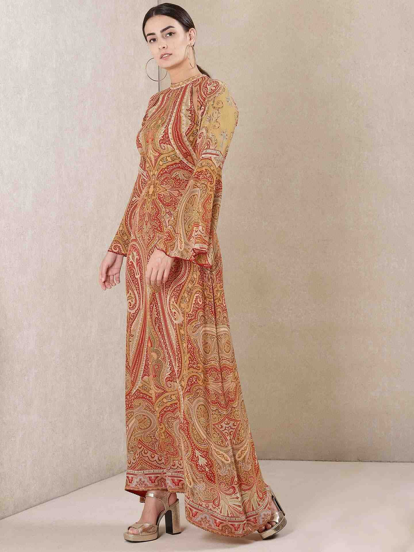 Beige & Red Dress Jamawar Crepe Shift Dress