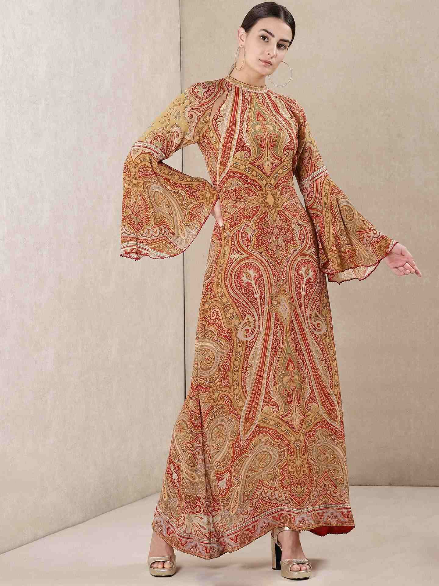 Beige & Red Dress Jamawar Crepe Shift Dress