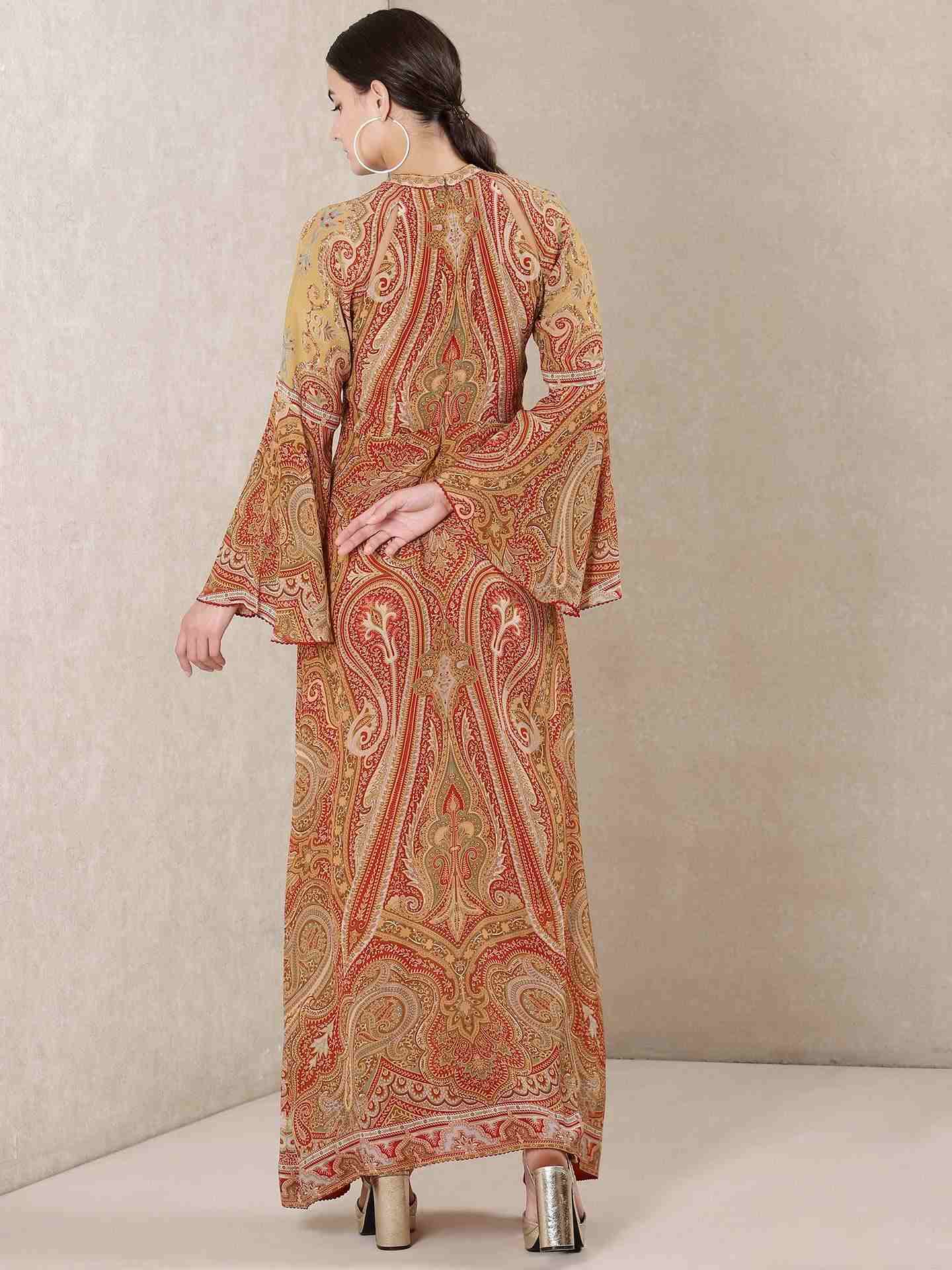 Beige & Red Dress Jamawar Crepe Shift Dress