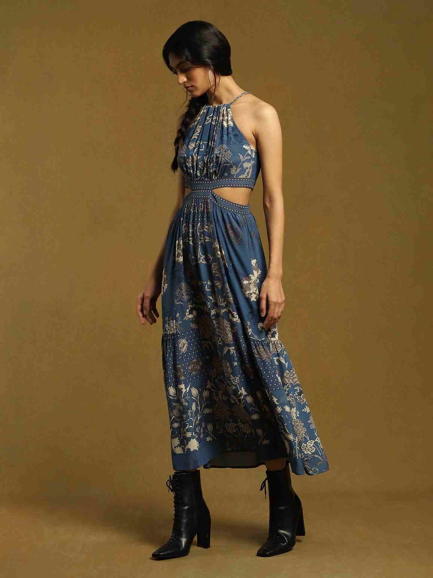 Blue Calico Crepe Dress