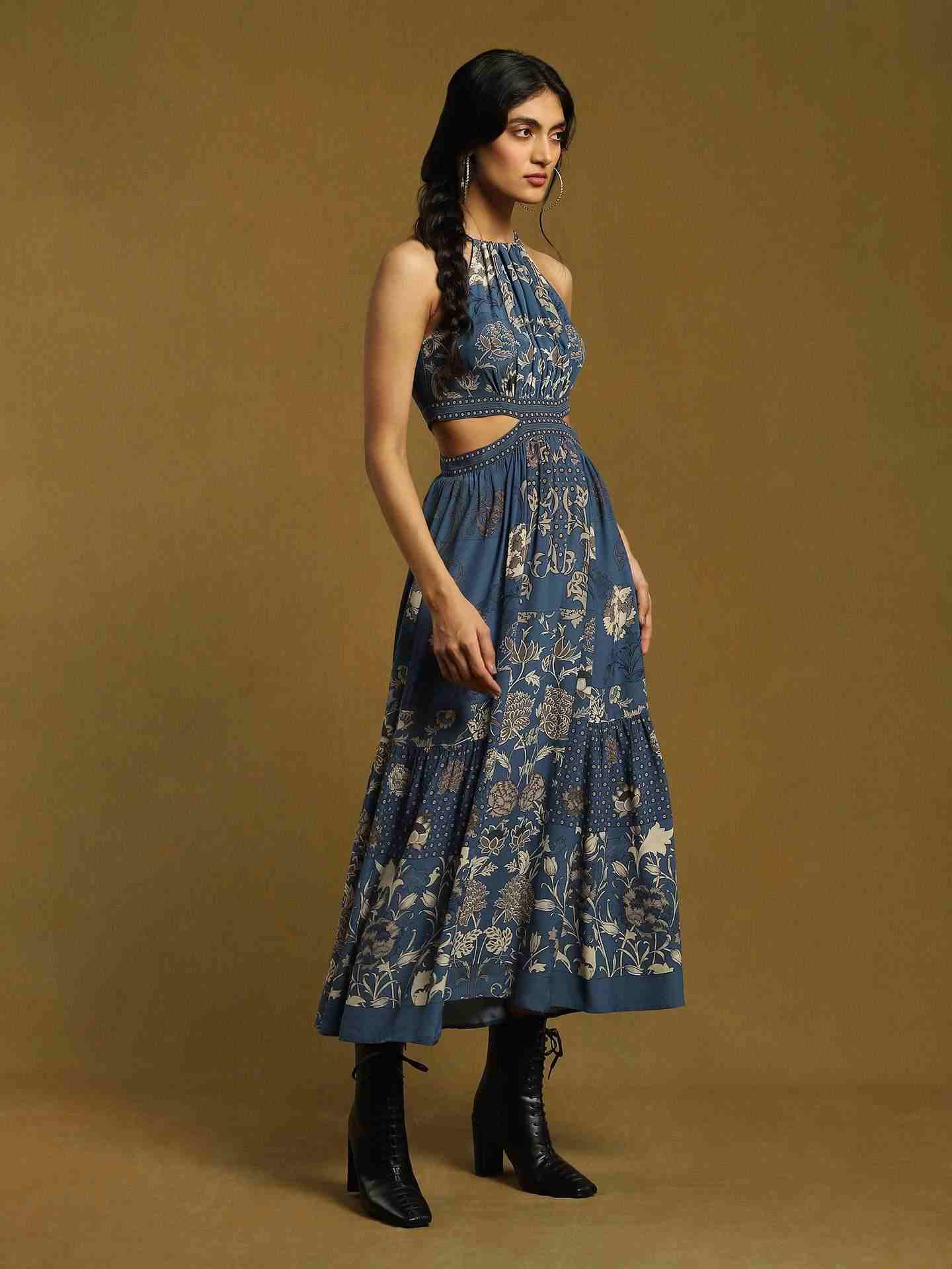 Blue Calico Crepe Dress