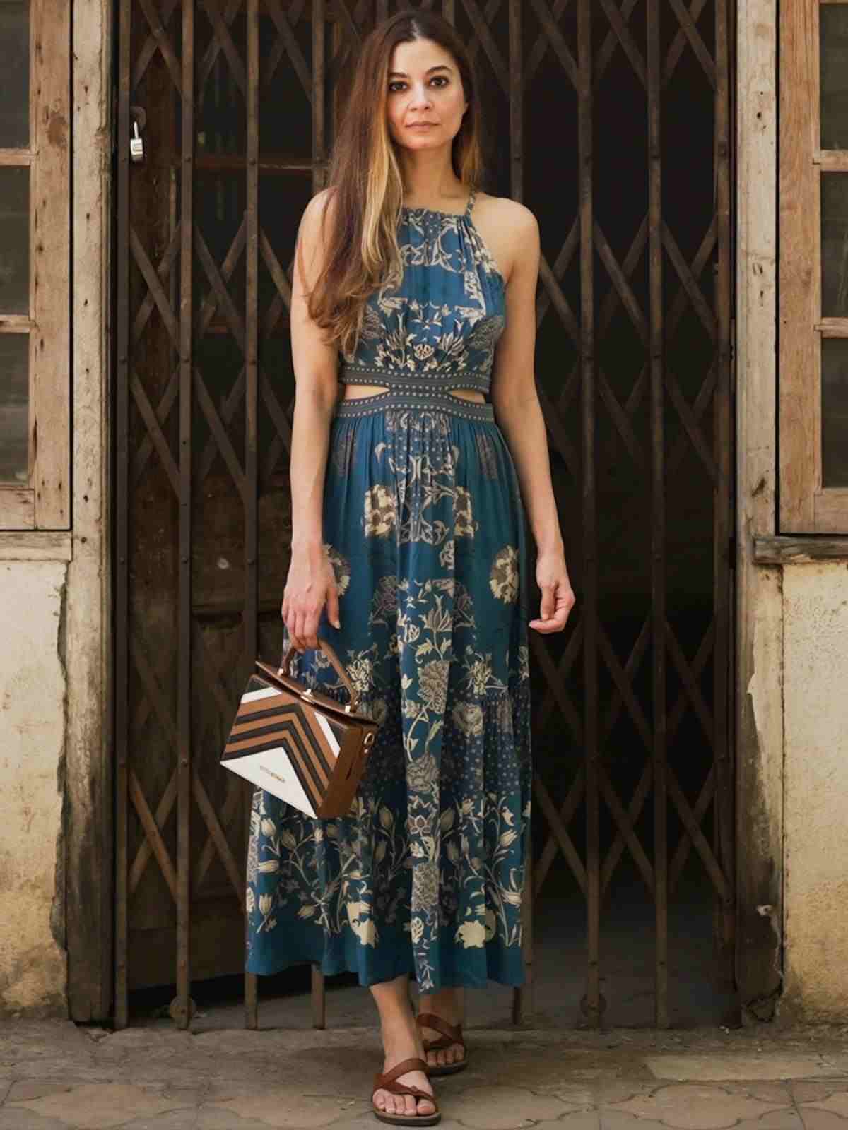 Blue Calico Crepe Dress