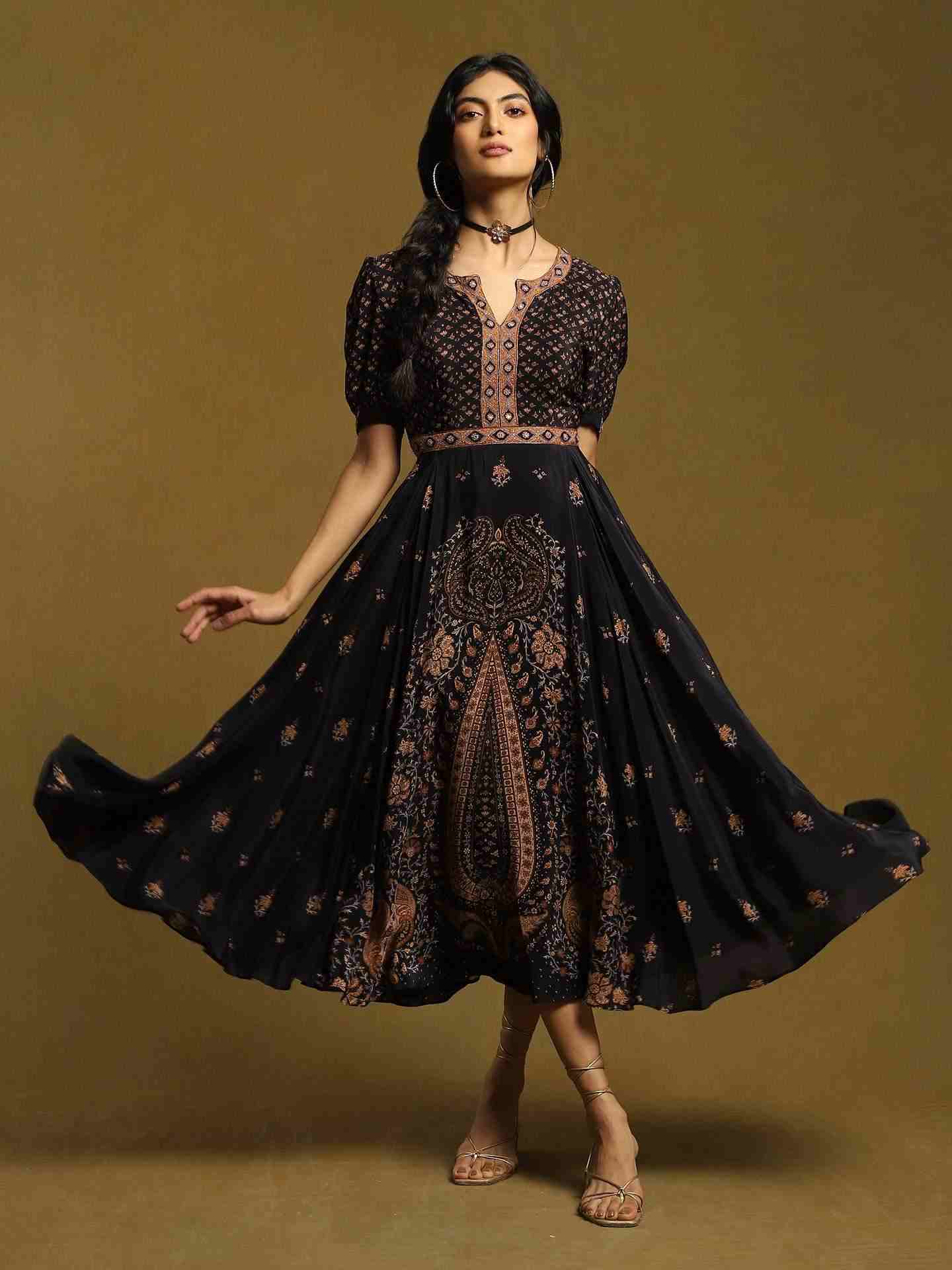 Black & Beige Kalam Jamawar Crepe Midi Dress