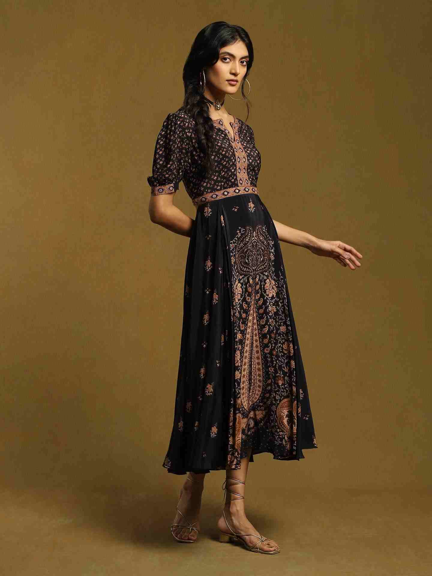 Black & Beige Kalam Jamawar Crepe Midi Dress