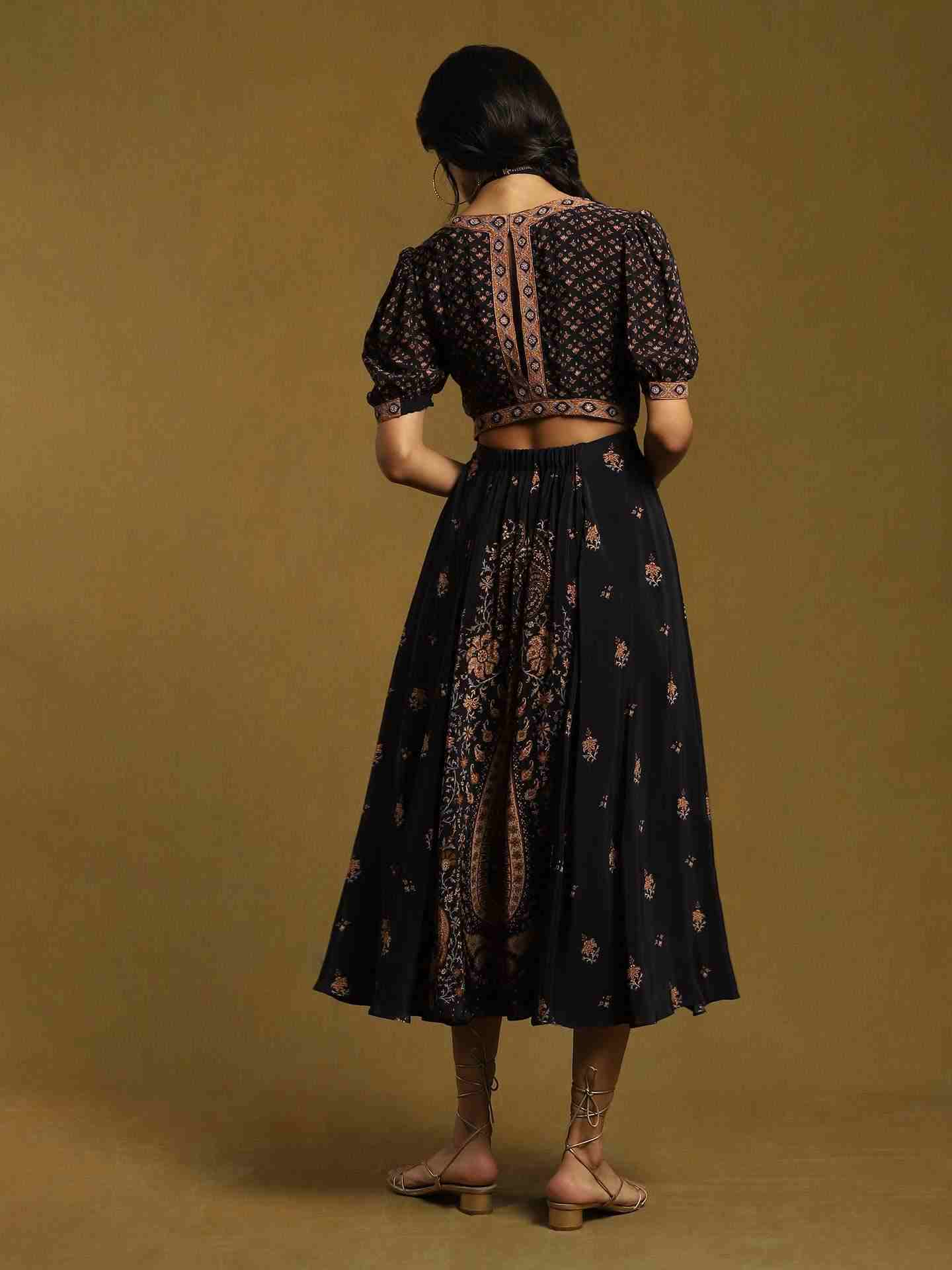 Black & Beige Kalam Jamawar Crepe Midi Dress