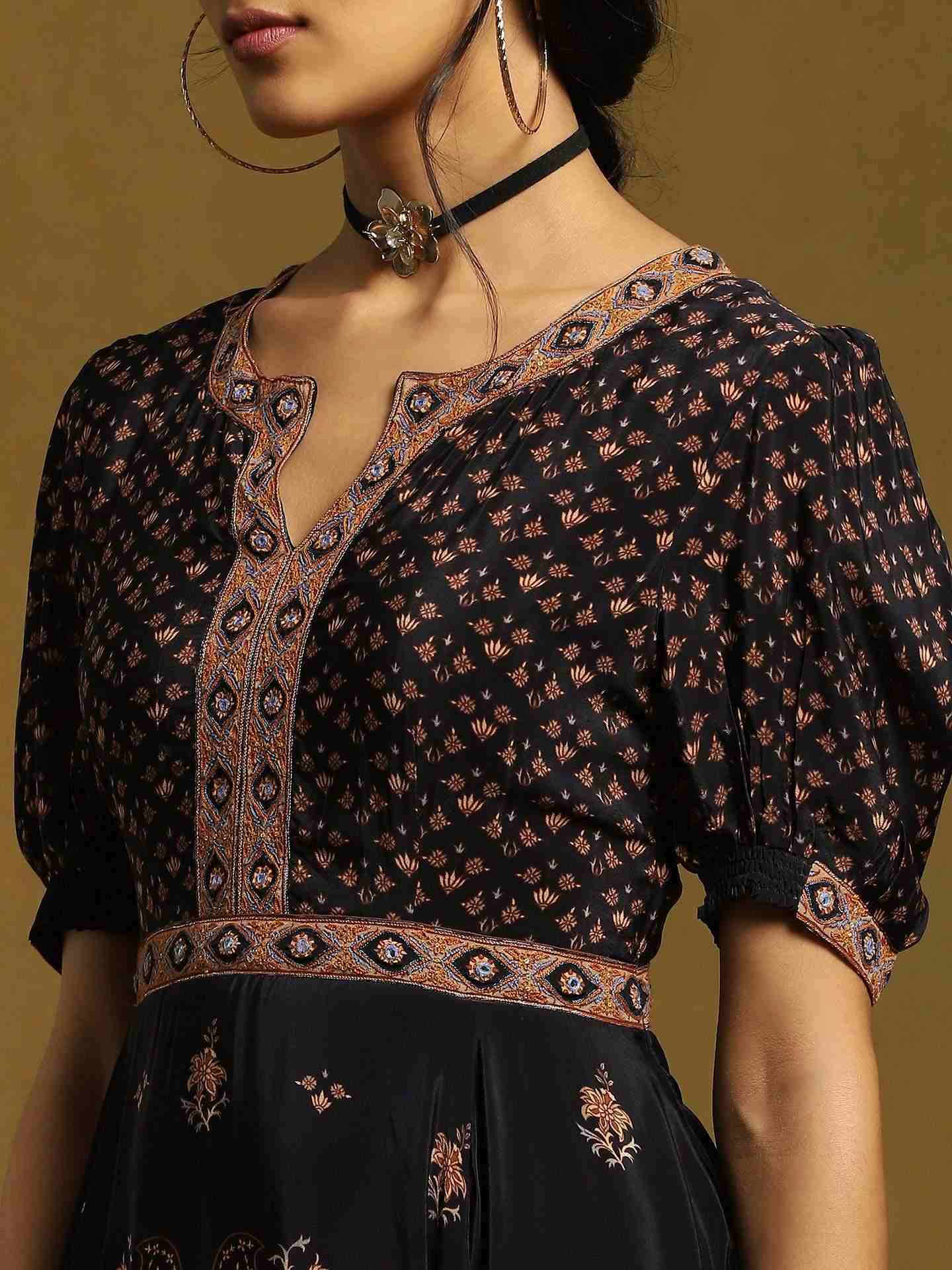 Black & Beige Kalam Jamawar Crepe Midi Dress