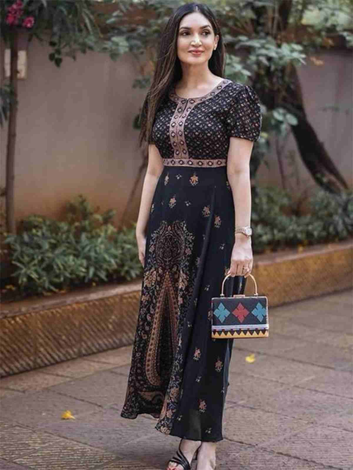 Black & Beige Kalam Jamawar Crepe Midi Dress