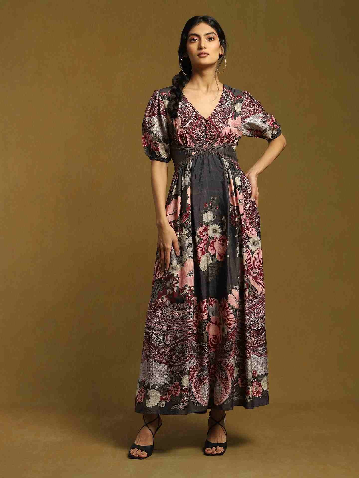 Charcoal Grey & Pink Alexander Crepe Dress