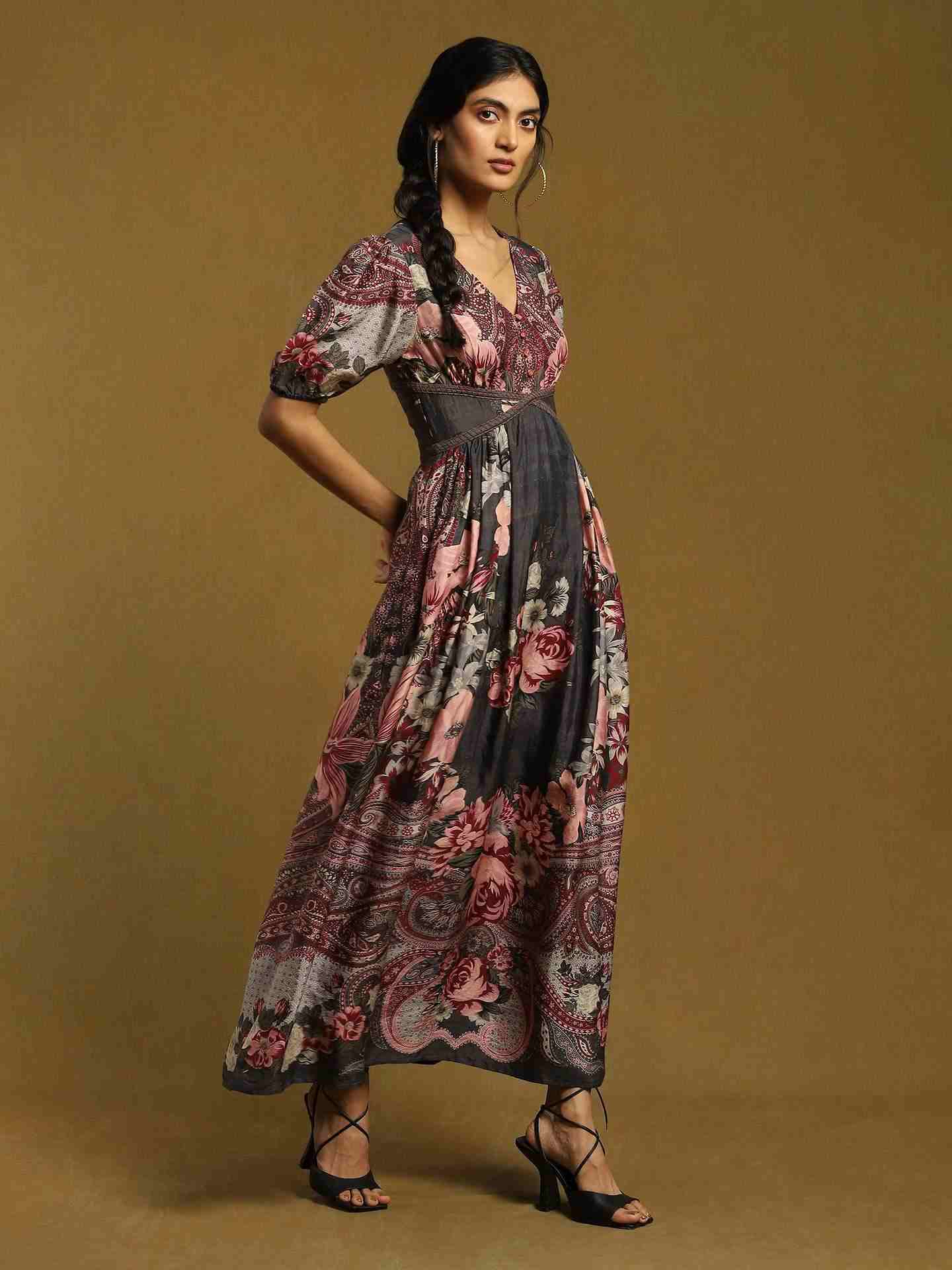 Charcoal Grey & Pink Alexander Crepe Dress