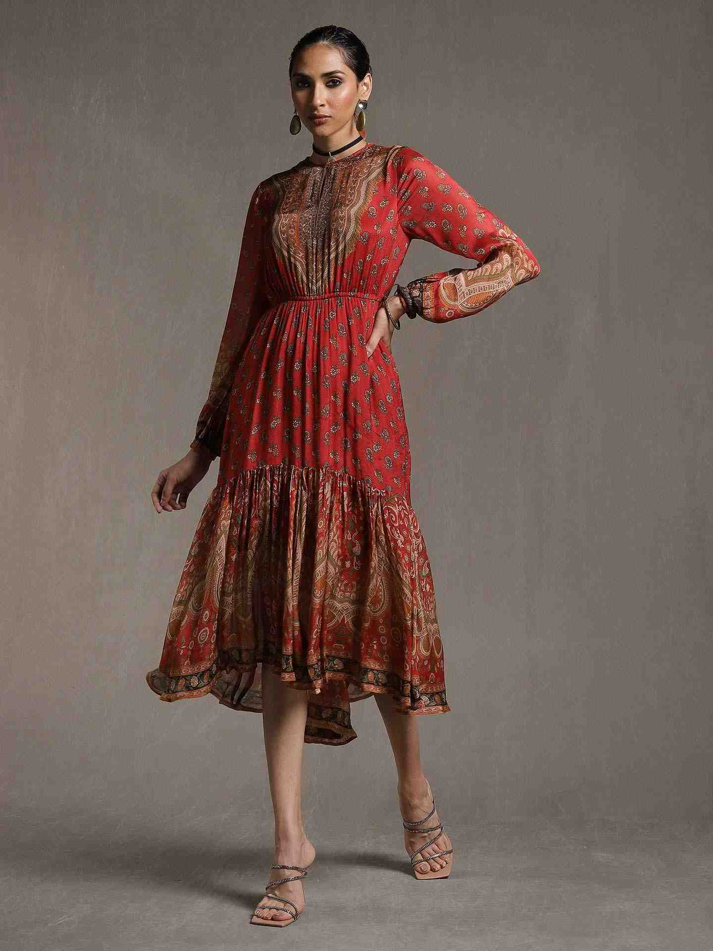 Red & Beige Kailashan Dress