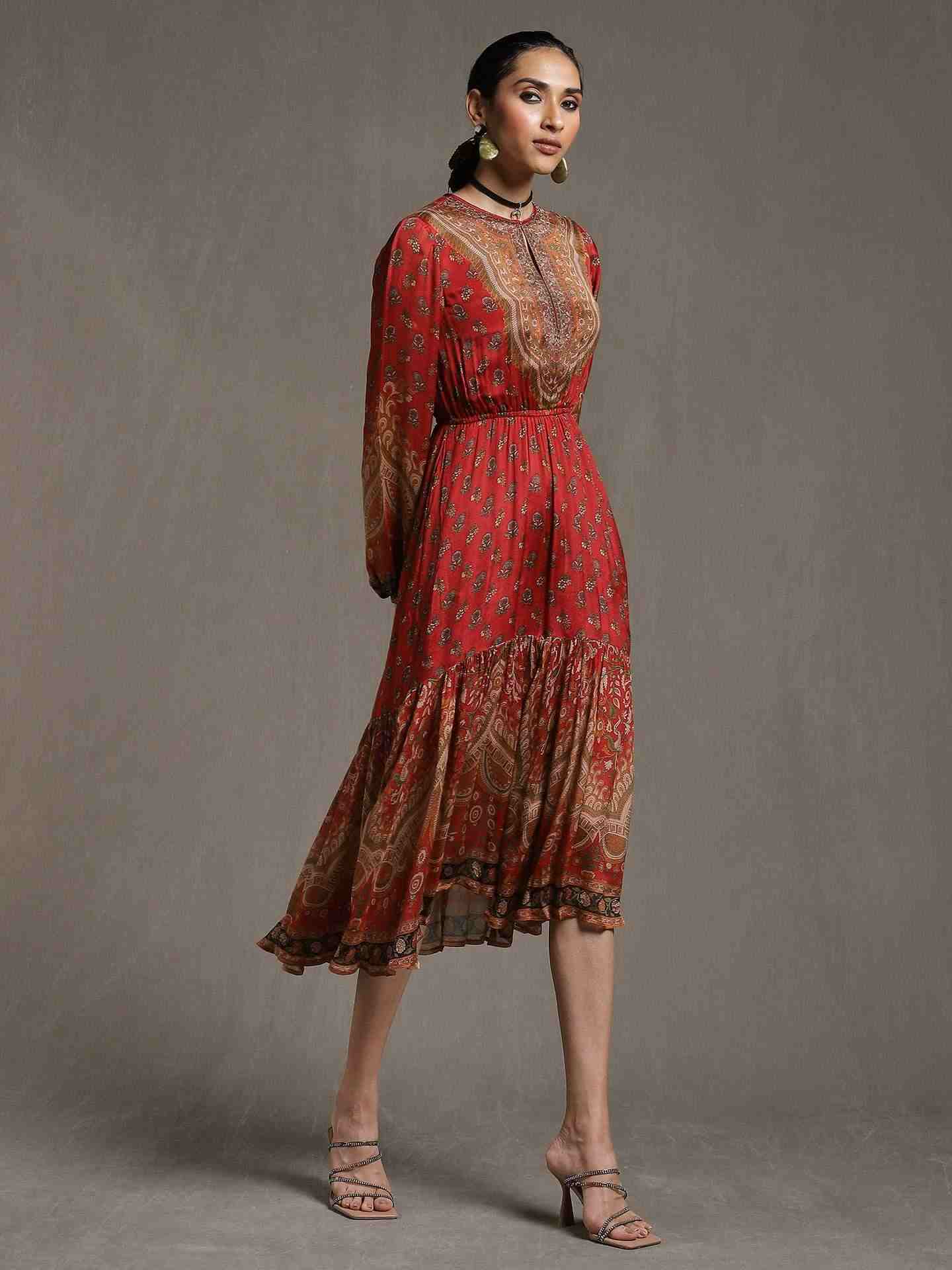 Red & Beige Kailashan Dress