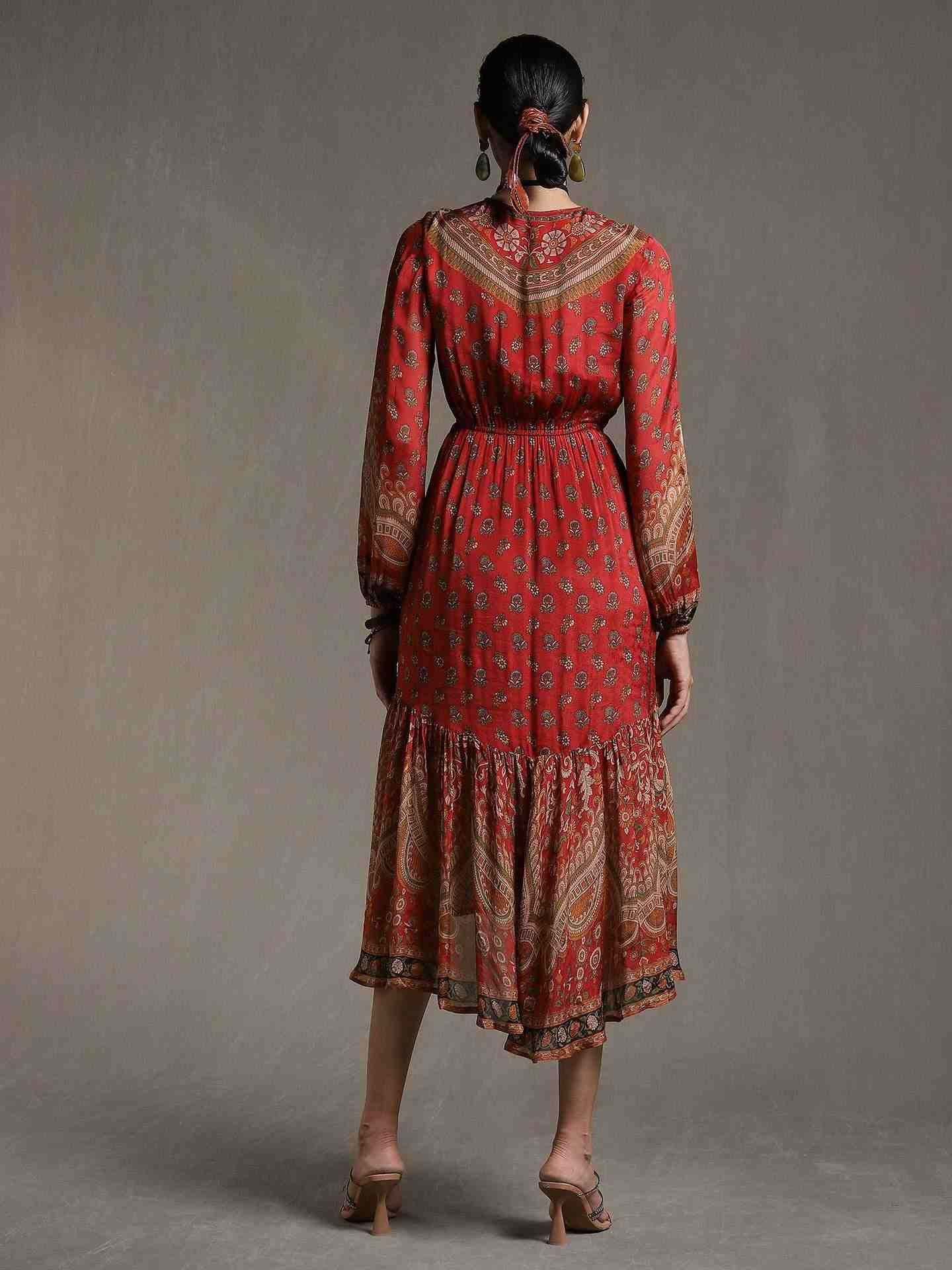 Red & Beige Kailashan Dress