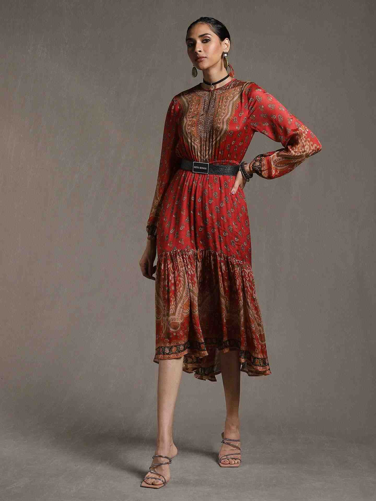 Red & Beige Kailashan Dress