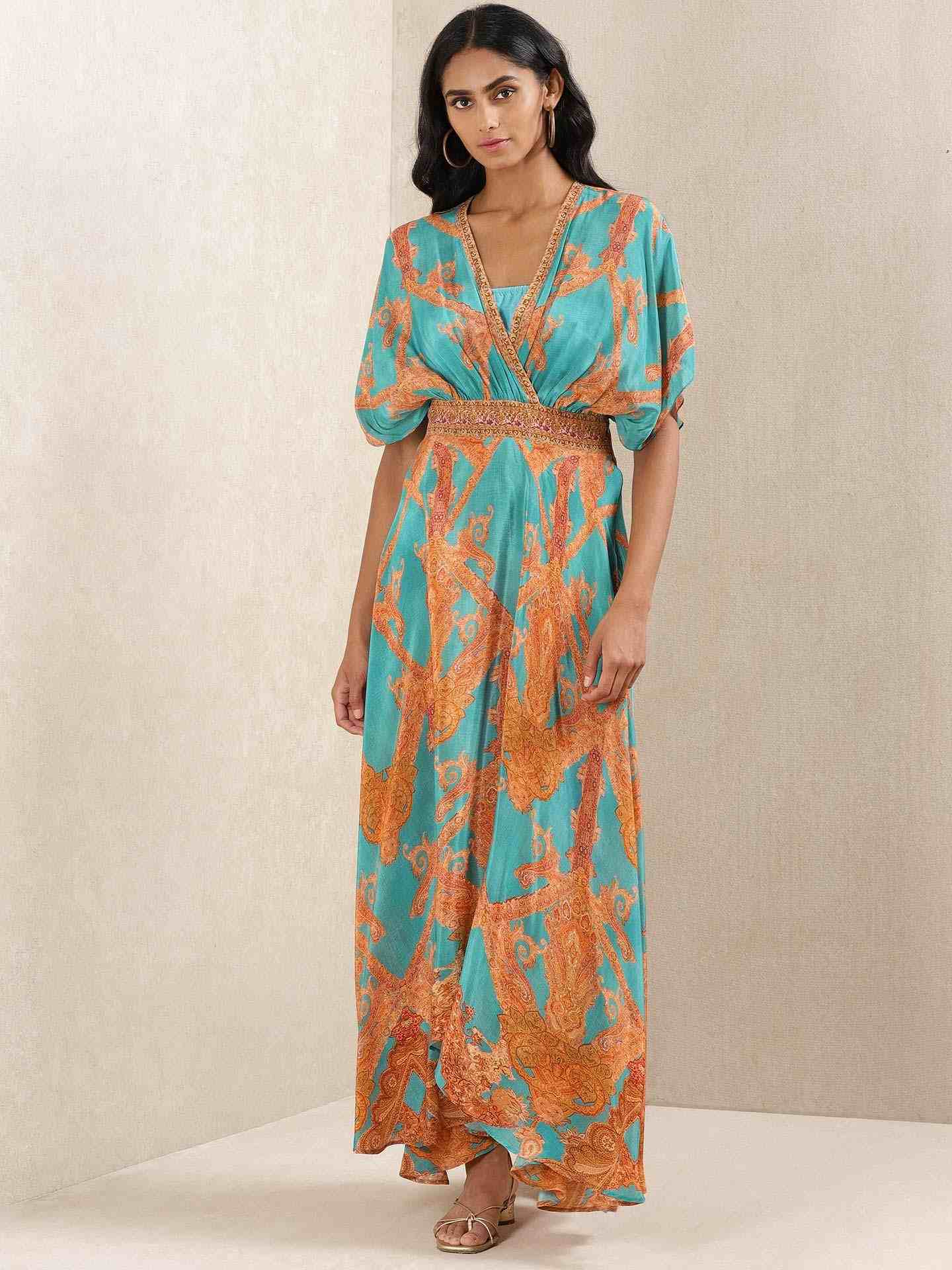 Teal Gulmarg Crepe Kaftan Dress