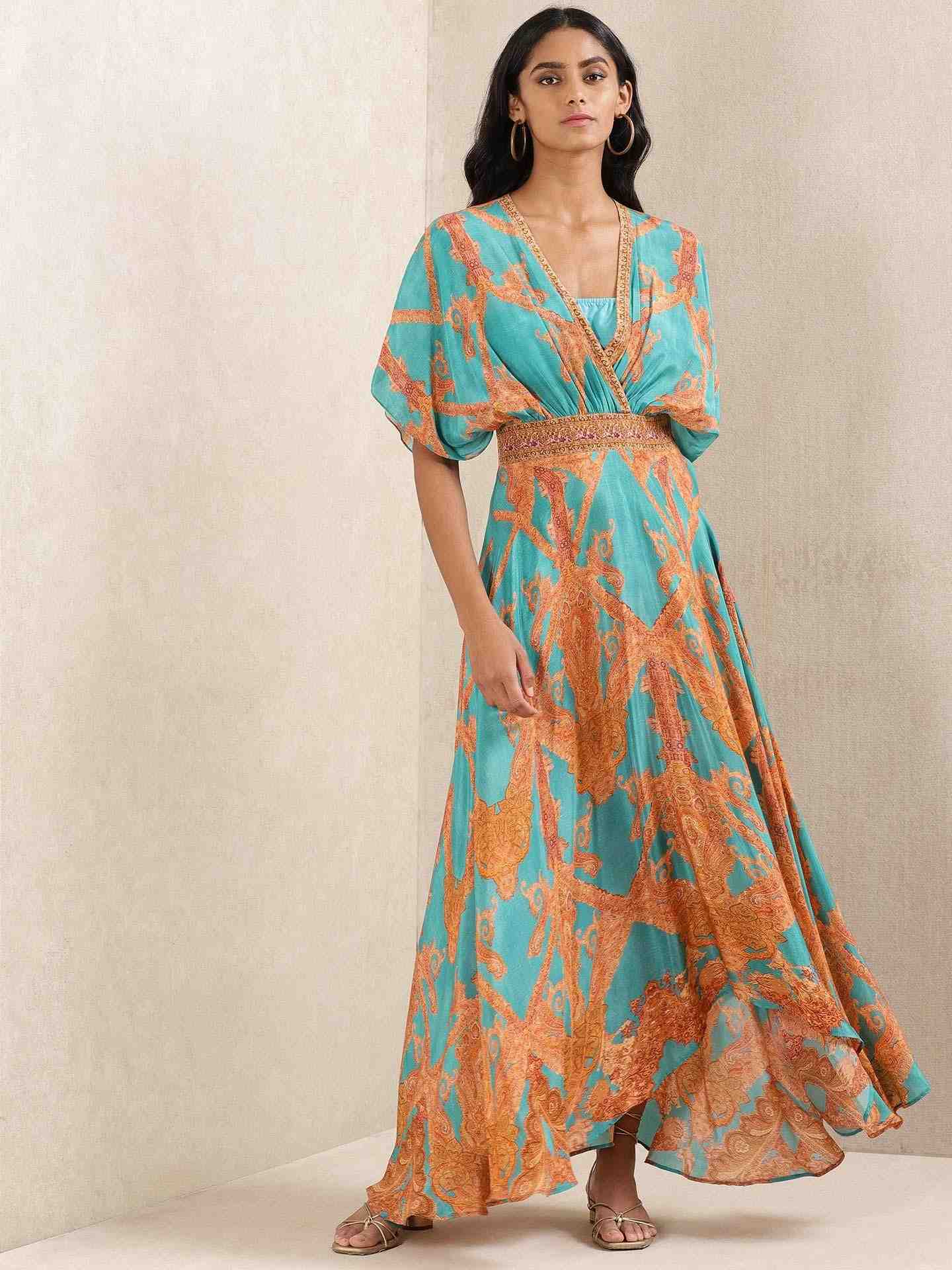 Teal Gulmarg Crepe Kaftan Dress