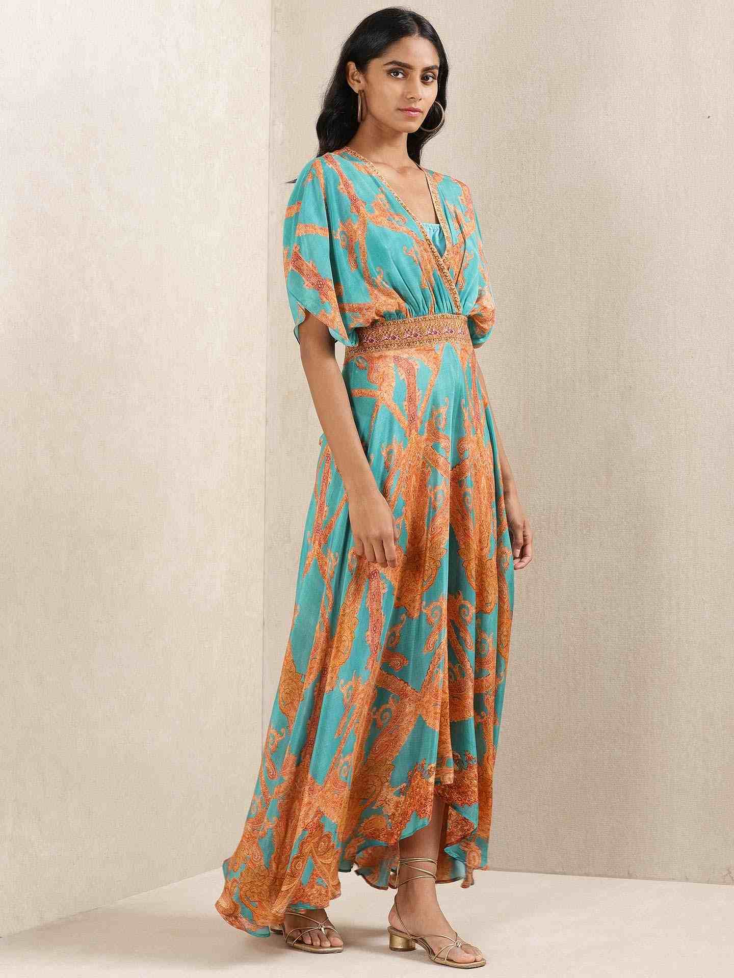 Teal Gulmarg Crepe Kaftan Dress