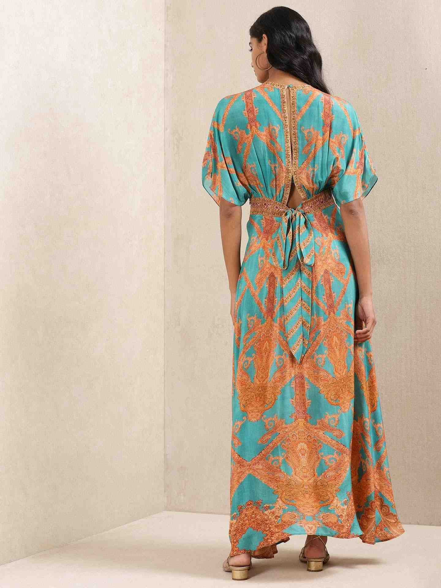 Teal Gulmarg Crepe Kaftan Dress