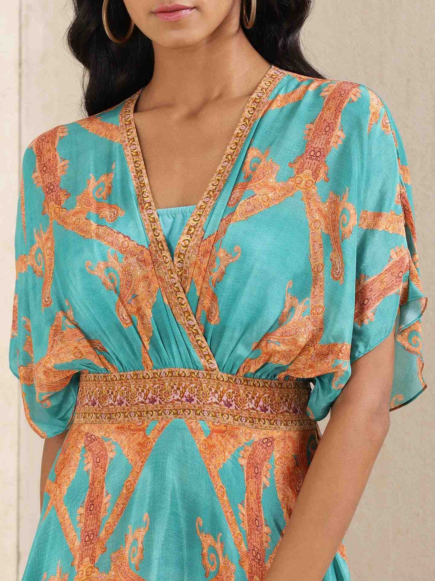 Teal Gulmarg Crepe Kaftan Dress