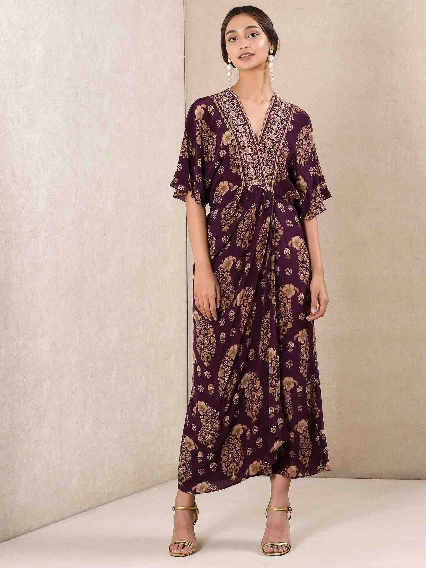 Purple Indian Paisley Crepe Kaftan Dress