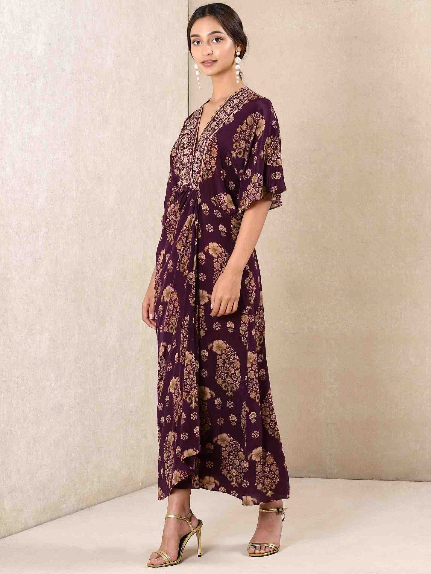 Purple Indian Paisley Crepe Kaftan Dress