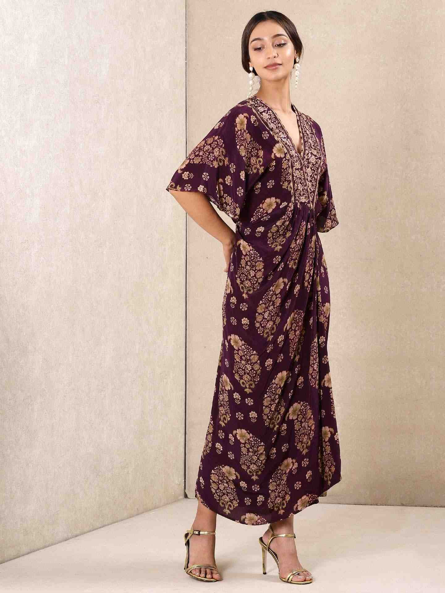 Purple Indian Paisley Crepe Kaftan Dress