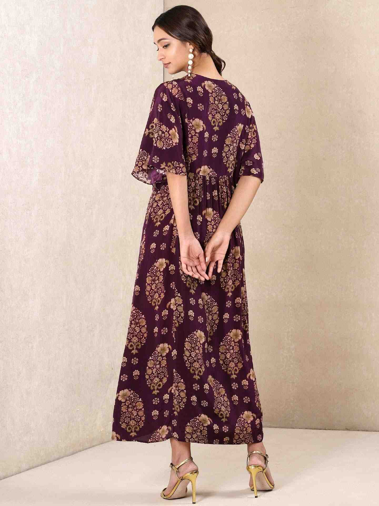 Purple Indian Paisley Crepe Kaftan Dress