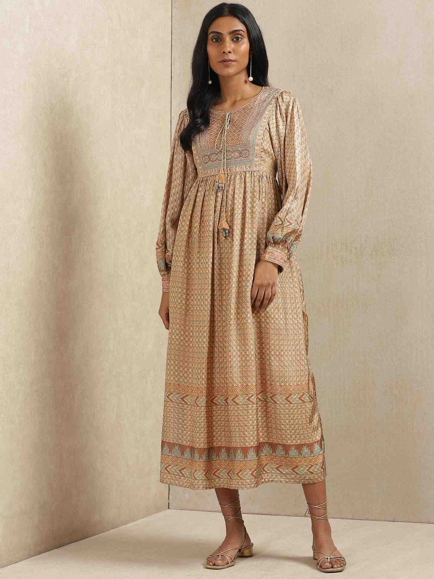 Beige & Khaki Zeeni Kaftan Dress