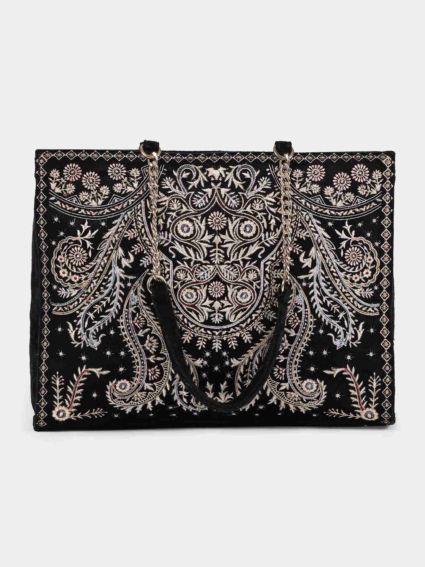 Black Resham Velvet Tote Bag