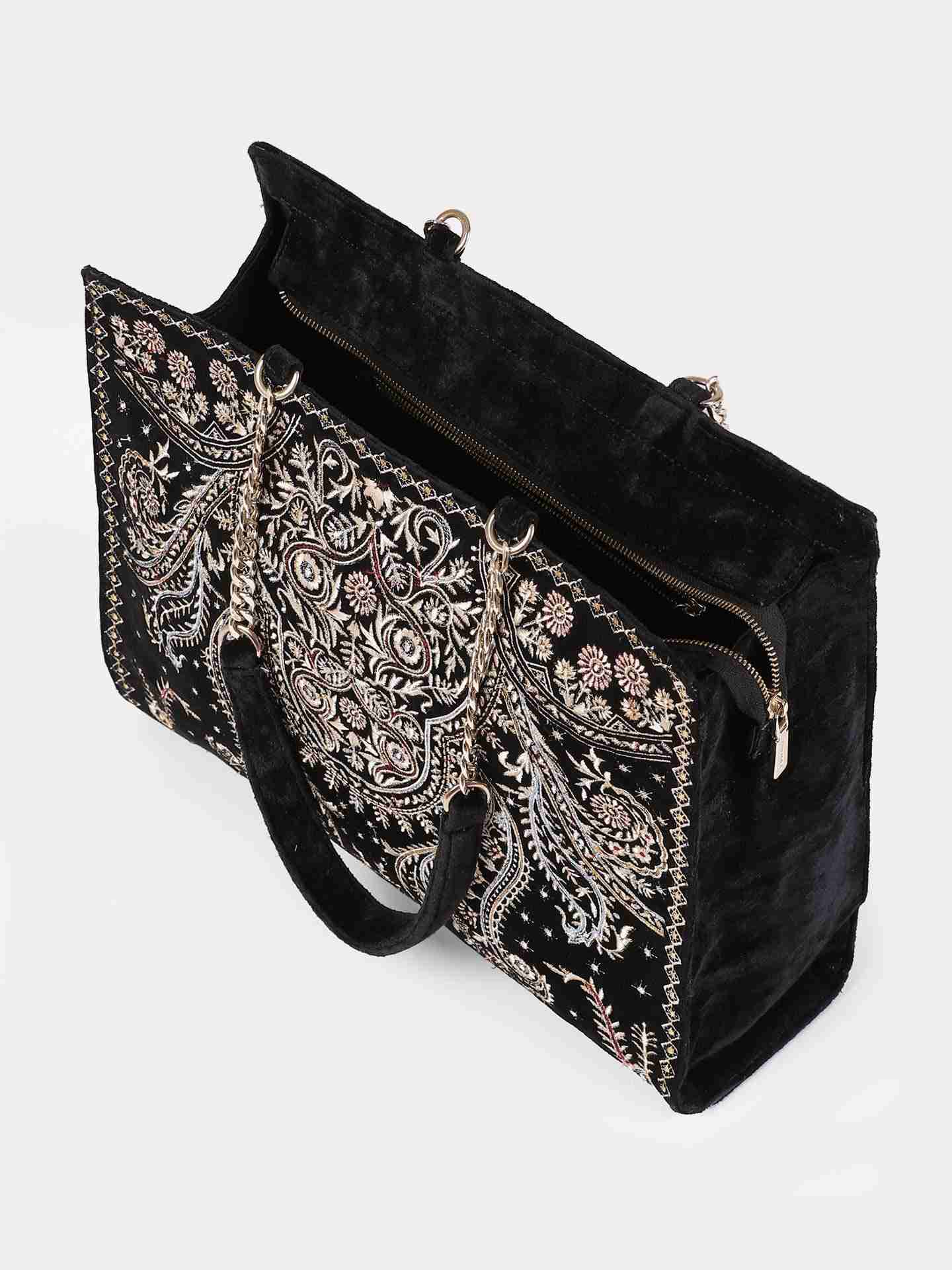 Black Resham Velvet Tote Bag