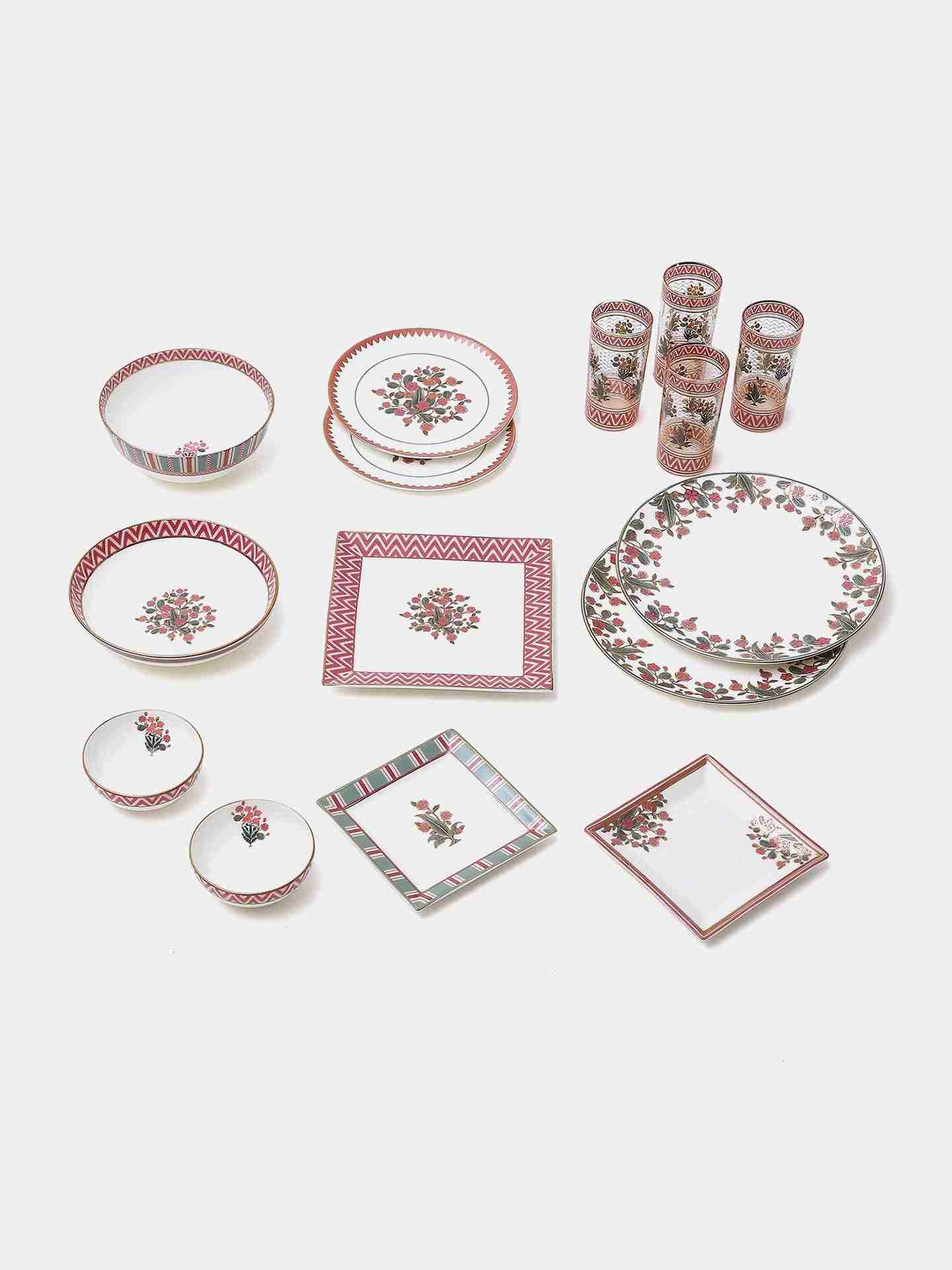 Ecru & Red Flora Glass Set (Set Of 4)