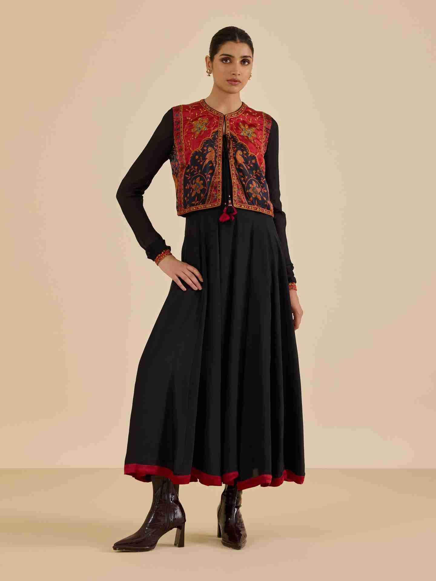 Black & Burgundy Apsara Dress With Jacket