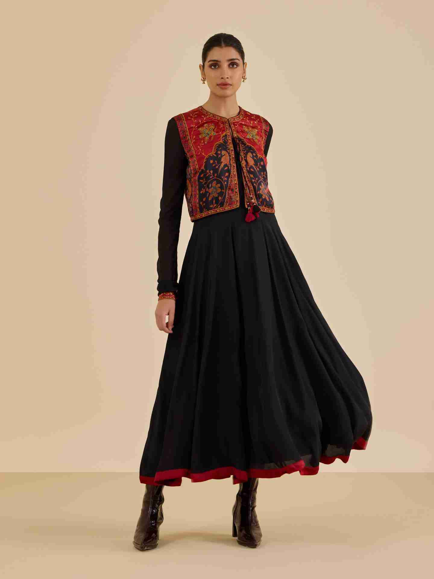 Black & Burgundy Apsara Dress With Jacket