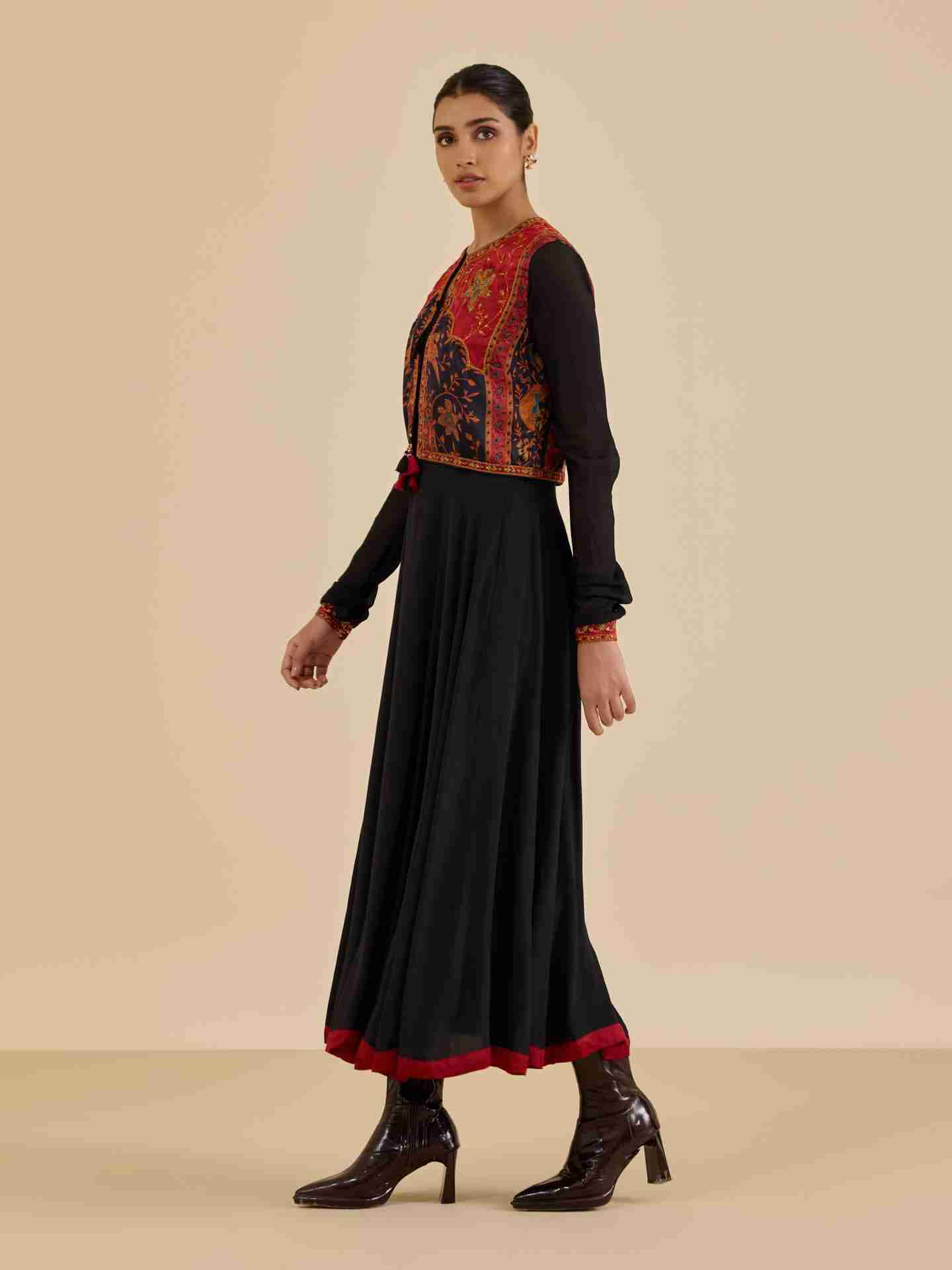 Black & Burgundy Apsara Dress With Jacket