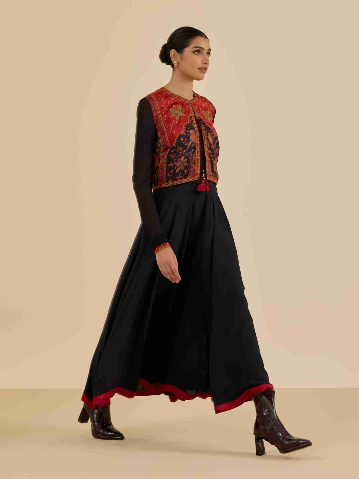 Black & Burgundy Apsara Dress With Jacket