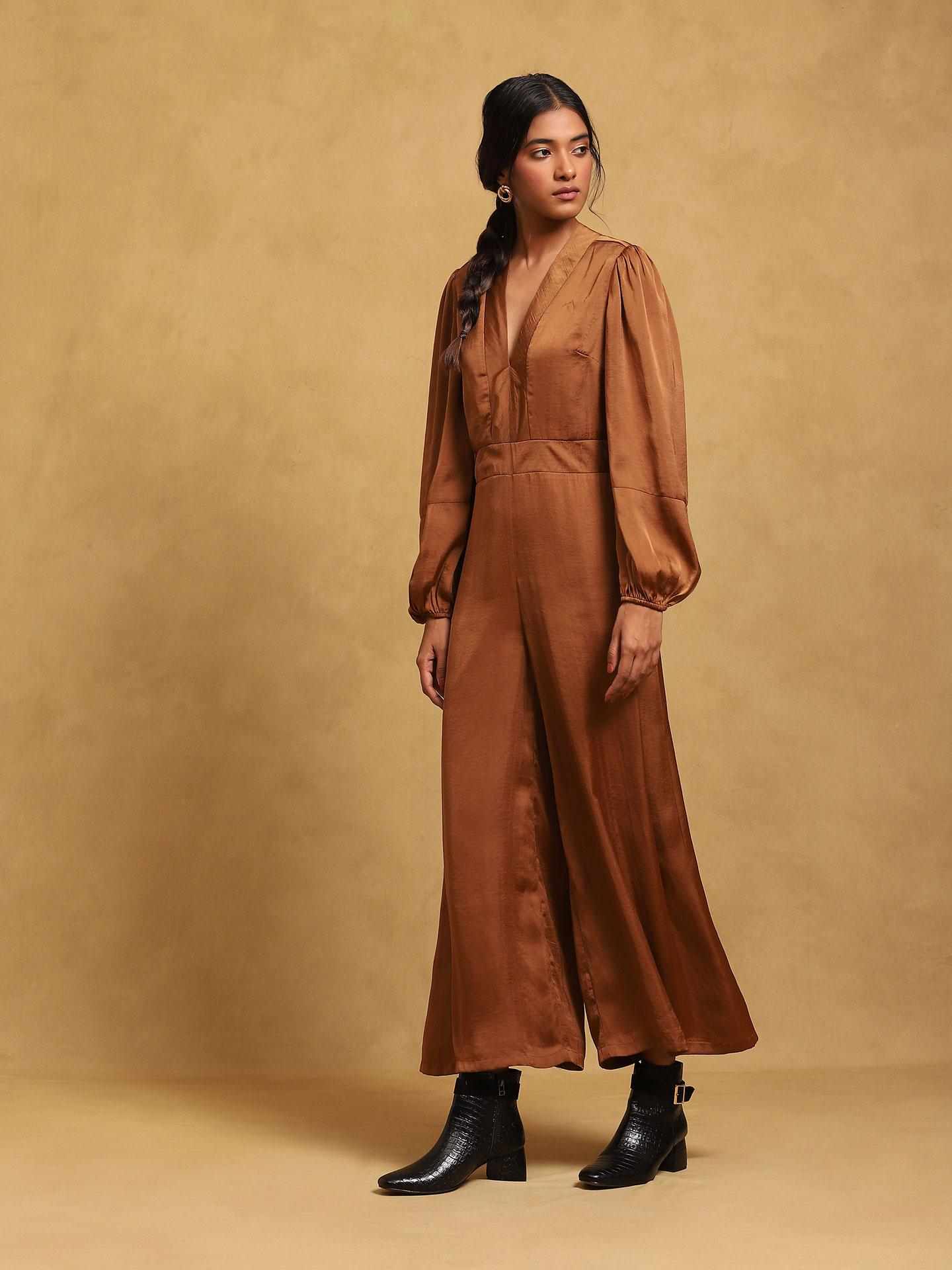 Brown Rubix Solid Jumpsuit