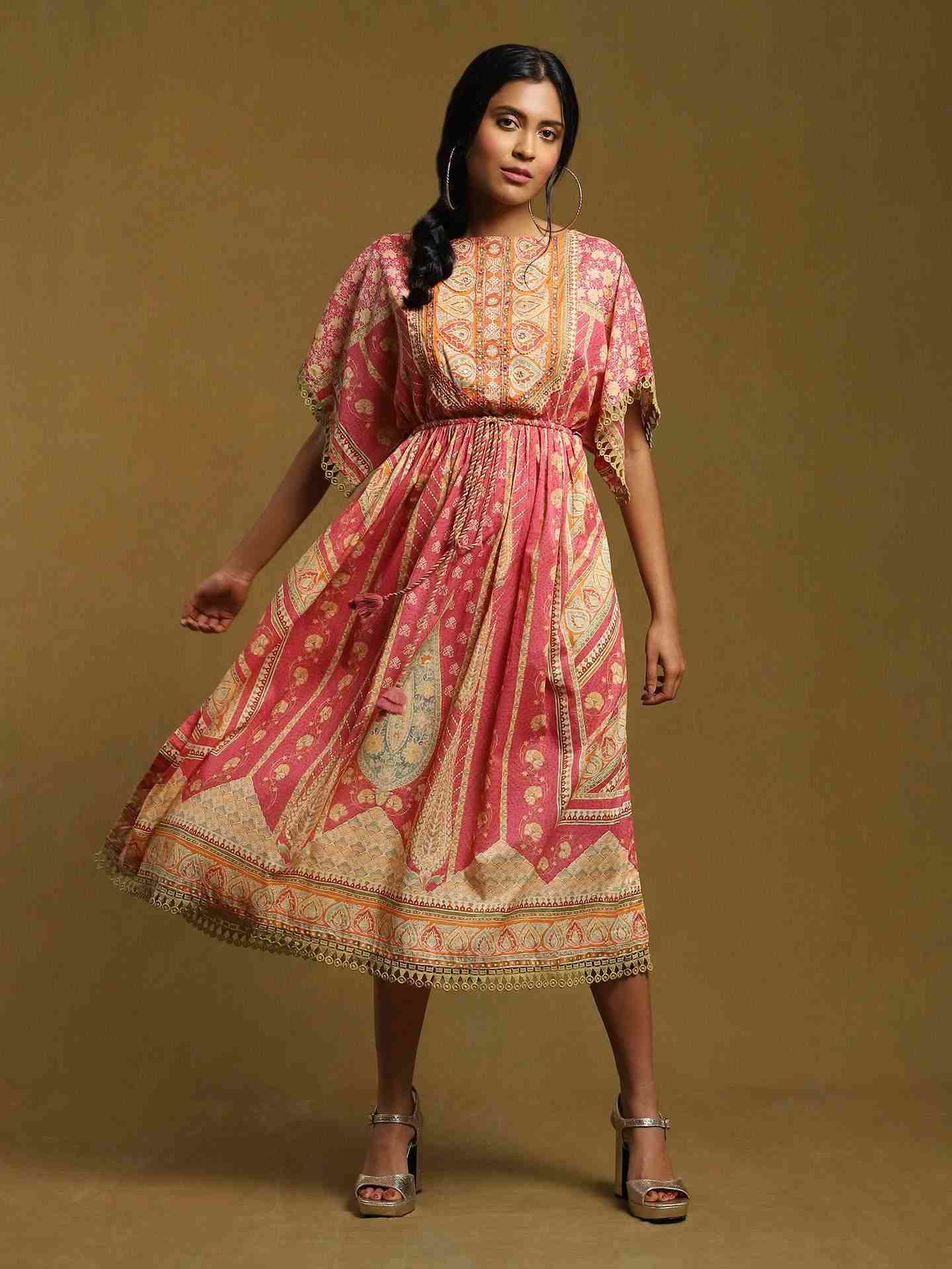 Pink Jharoka Cotton Kaftan Dress