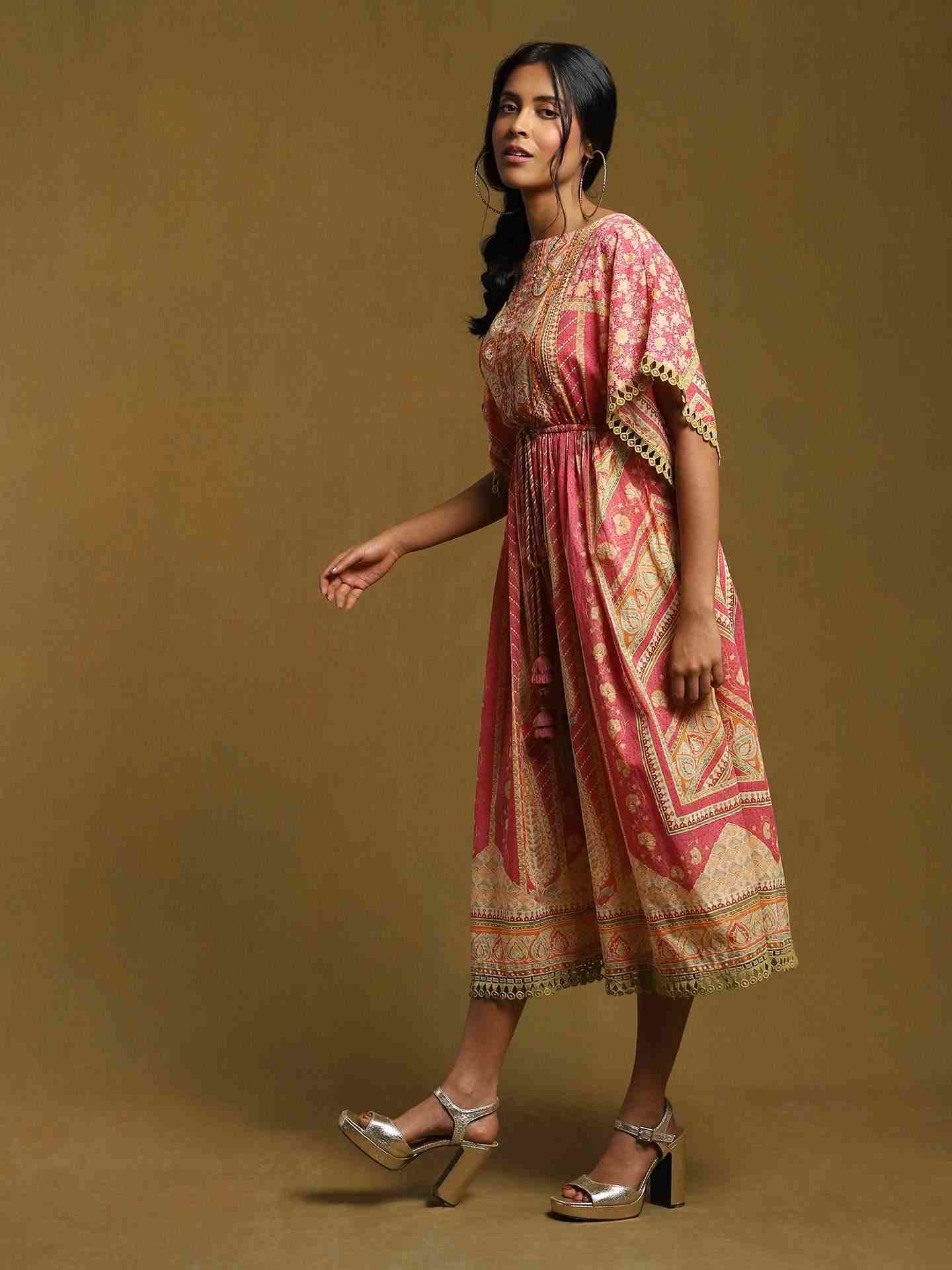 Pink Jharoka Cotton Kaftan Dress