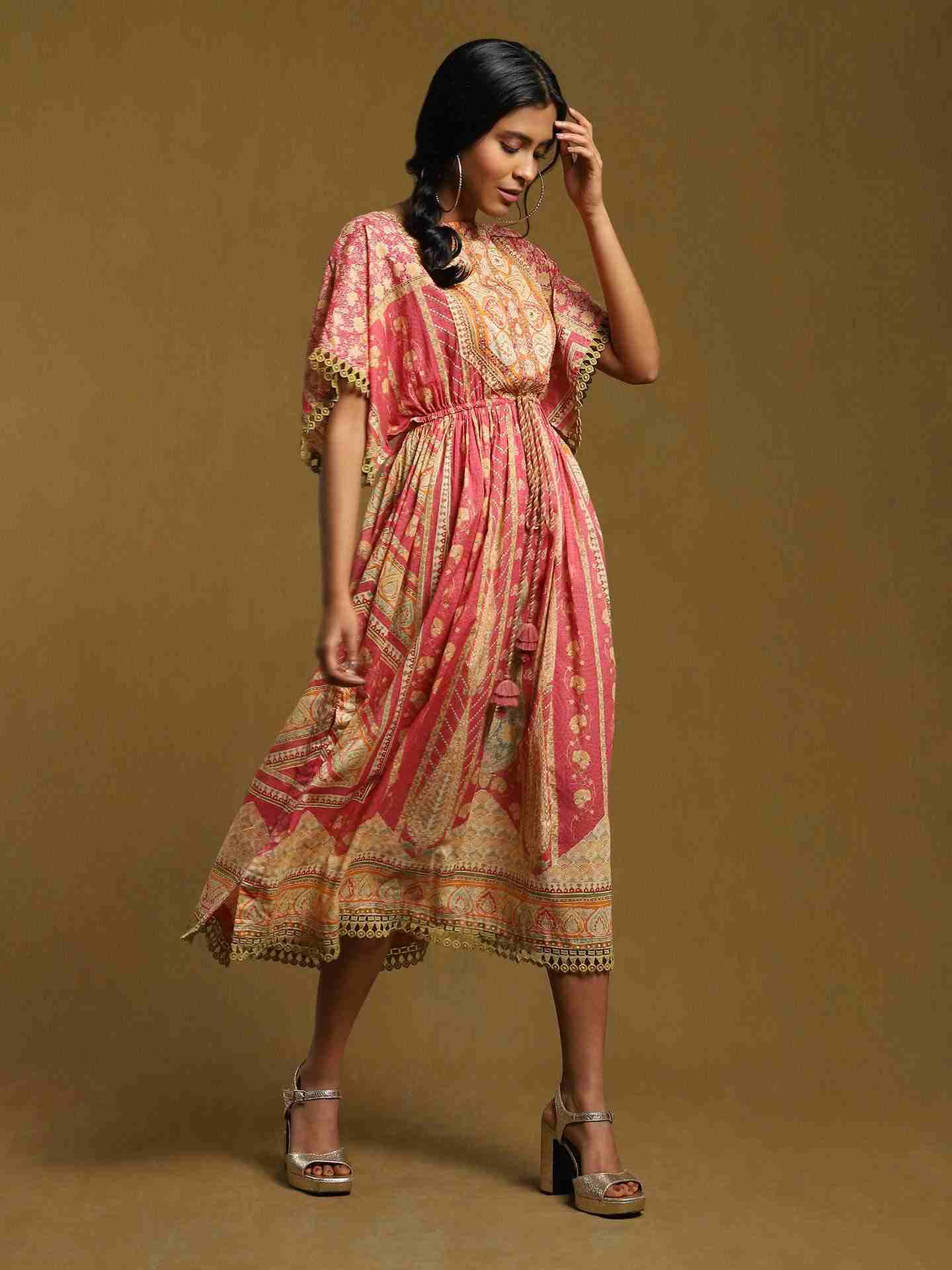 Pink Jharoka Cotton Kaftan Dress