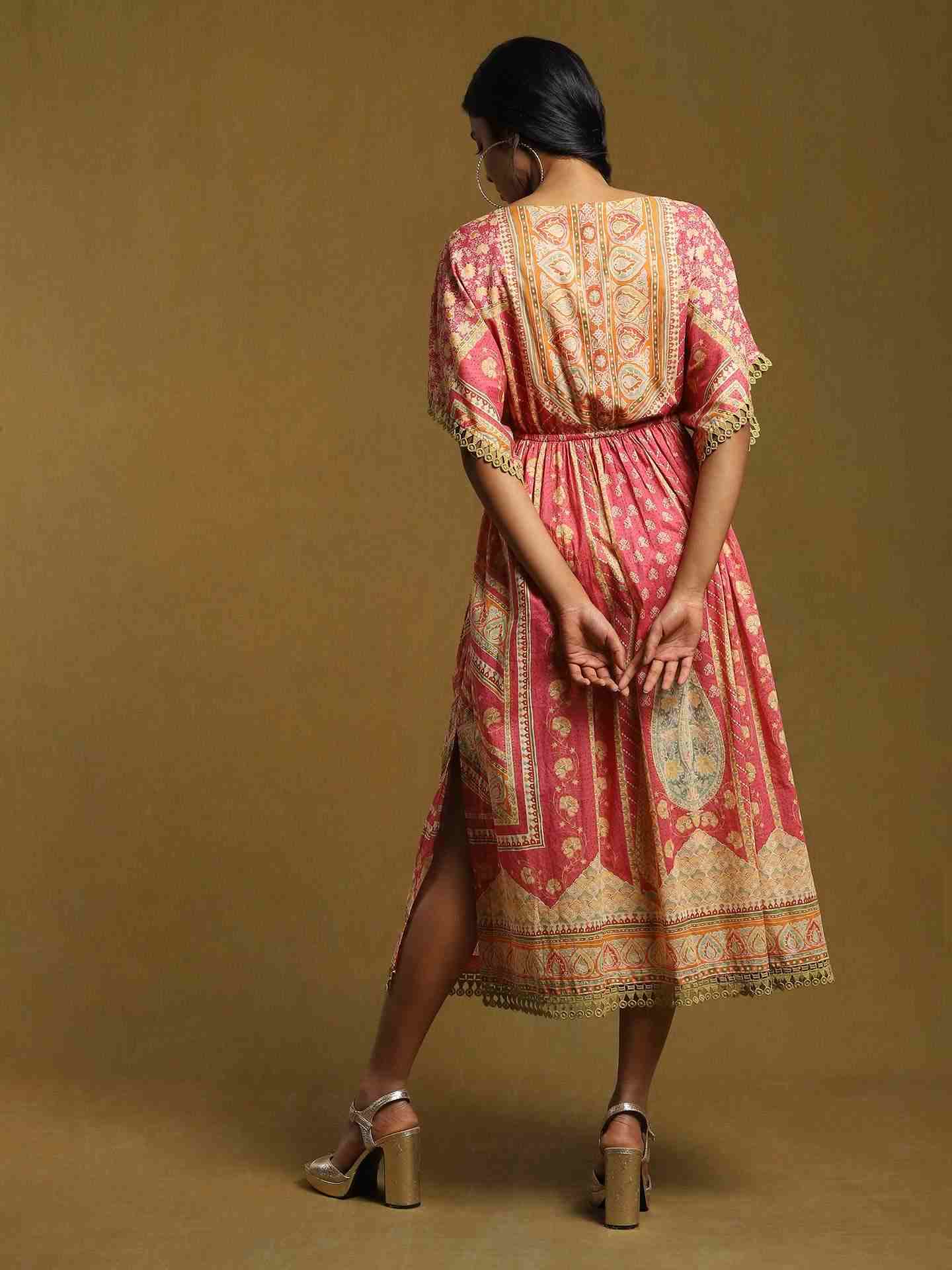 Pink Jharoka Cotton Kaftan Dress