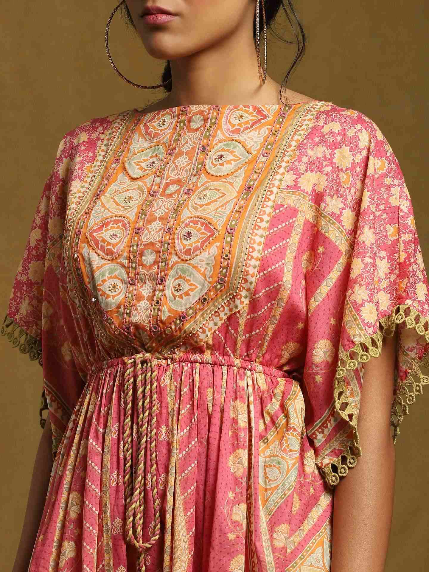 Pink Jharoka Cotton Kaftan Dress