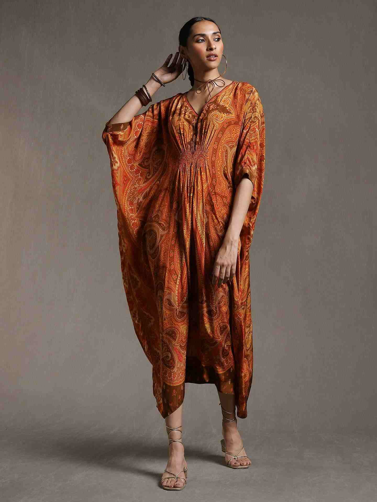 Rust New Jaamewar Crepe Kaftan Dress