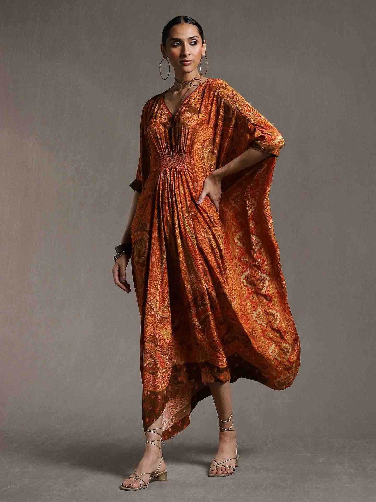 Rust New Jaamewar Crepe Kaftan Dress