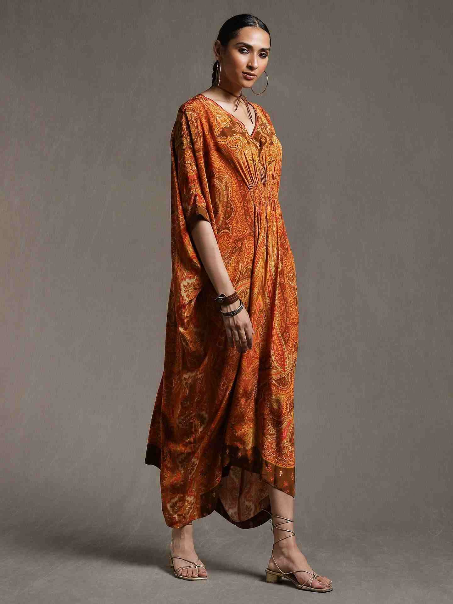Rust New Jaamewar Crepe Kaftan Dress