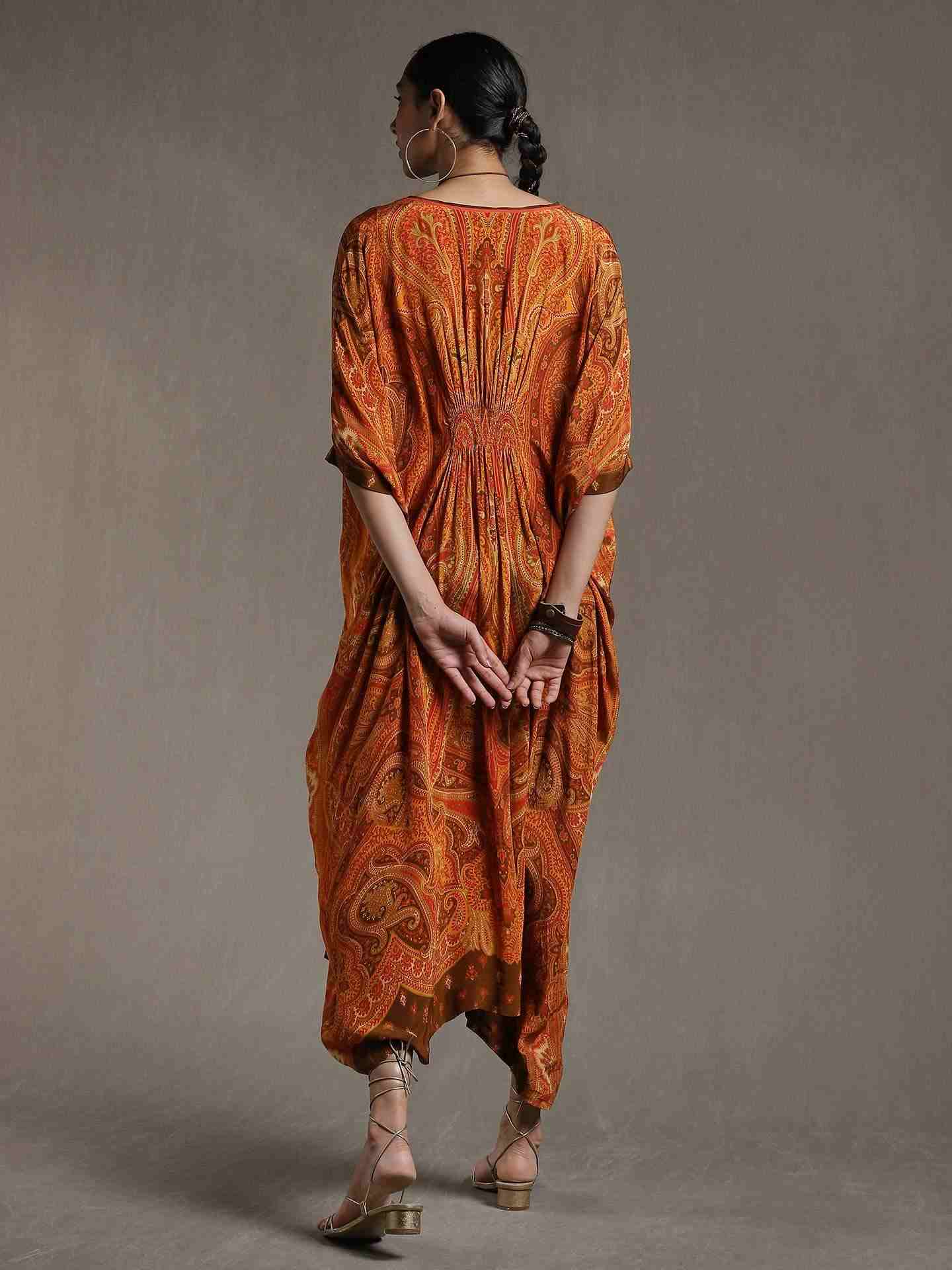 Rust New Jaamewar Crepe Kaftan Dress