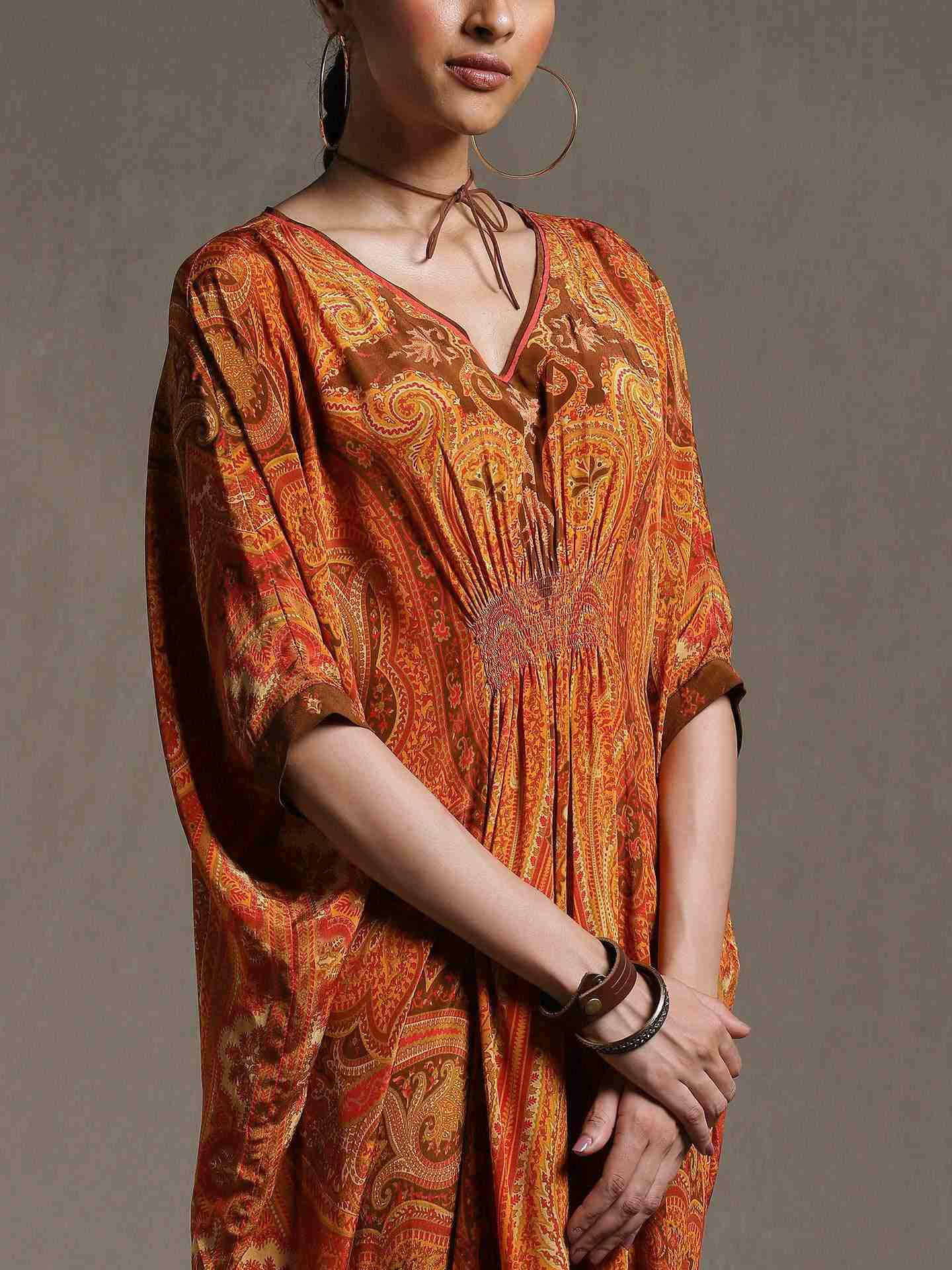 Rust New Jaamewar Crepe Kaftan Dress