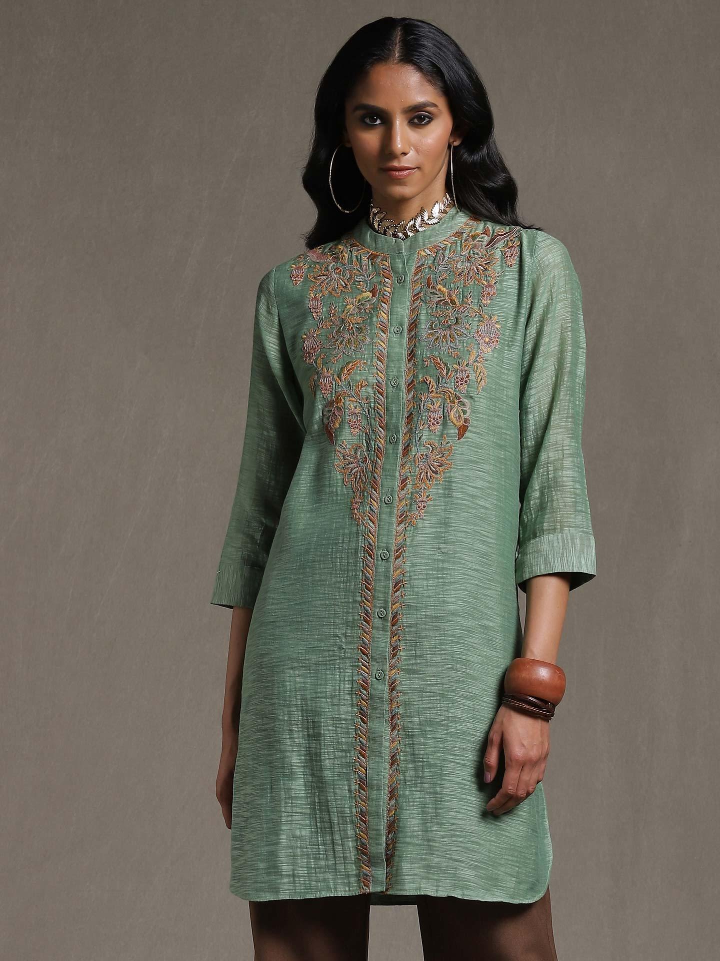 Green Emari Solid Chanderi Kurti