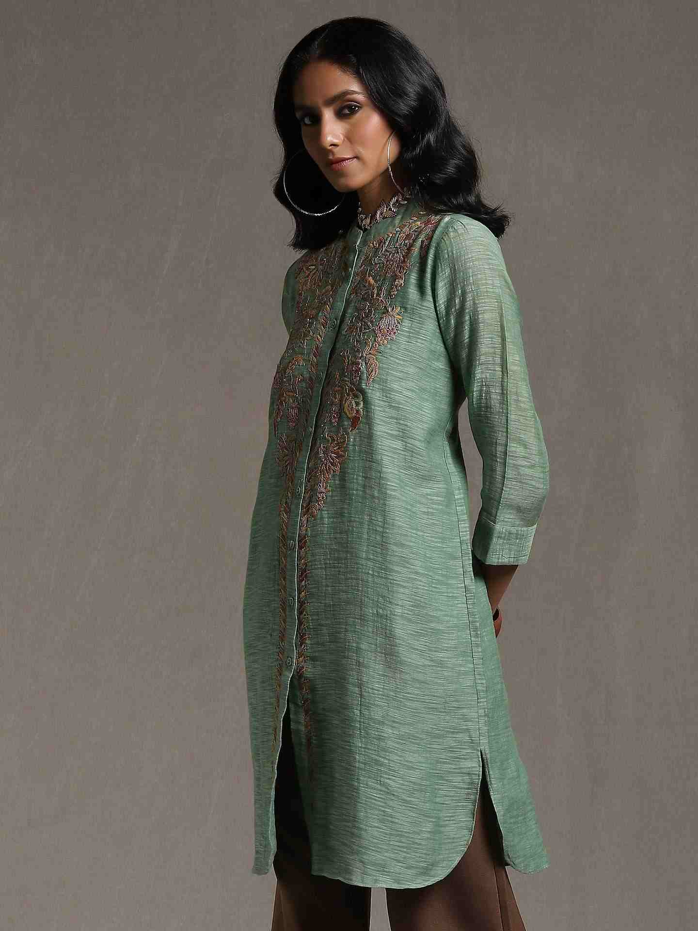 Green Emari Solid Chanderi Kurti