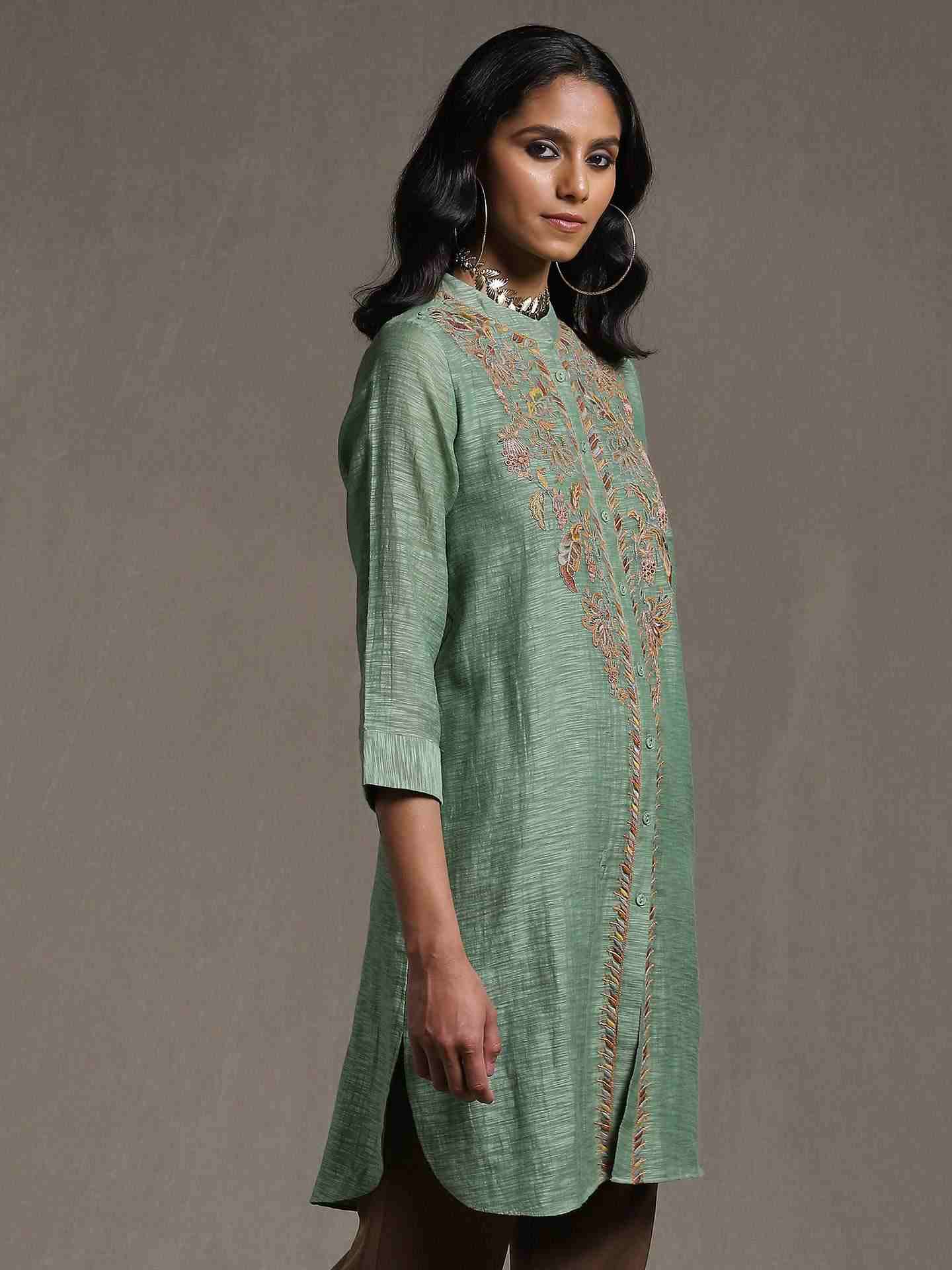 Green Emari Solid Chanderi Kurti