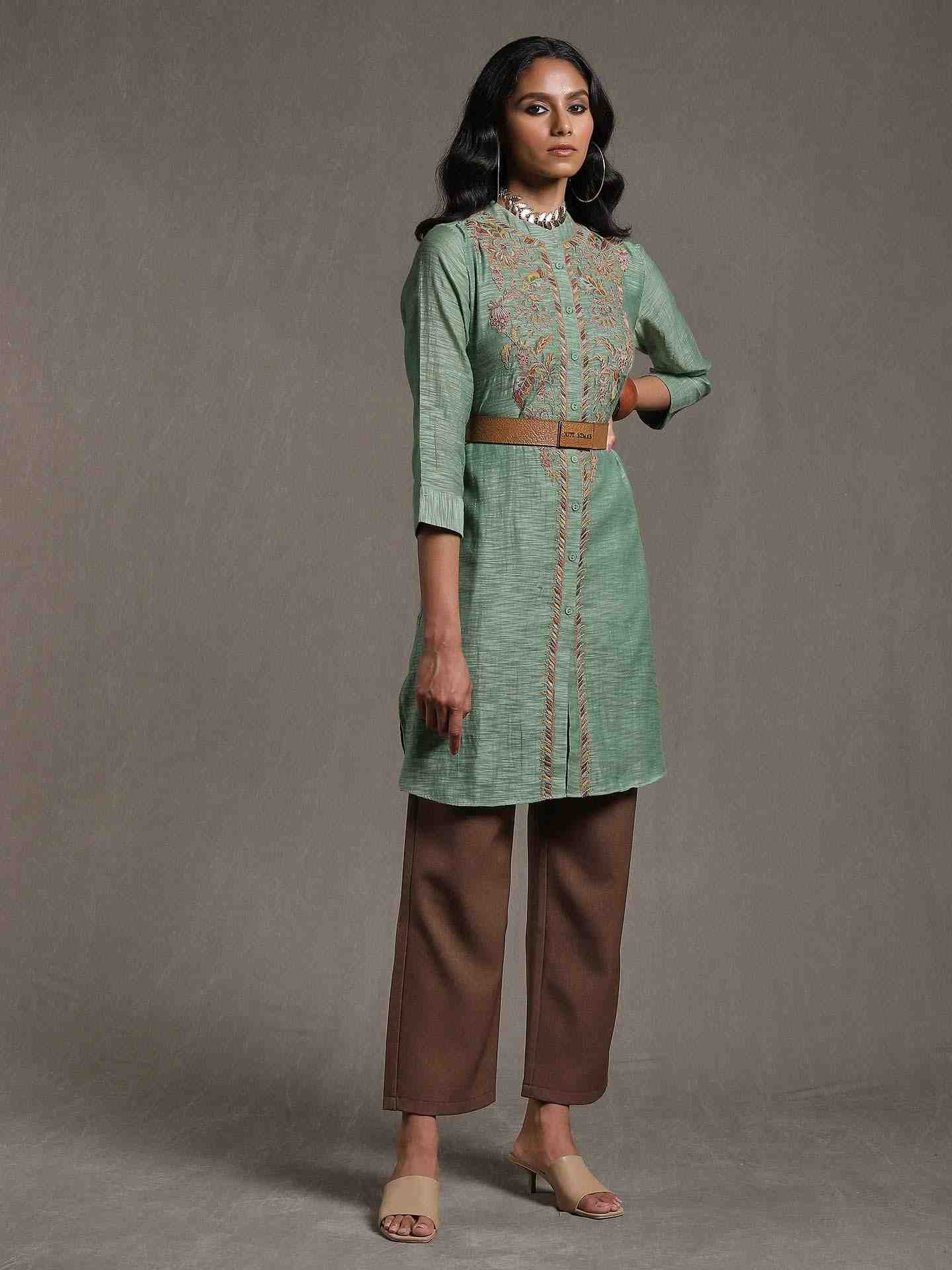 Green Emari Solid Chanderi Kurti