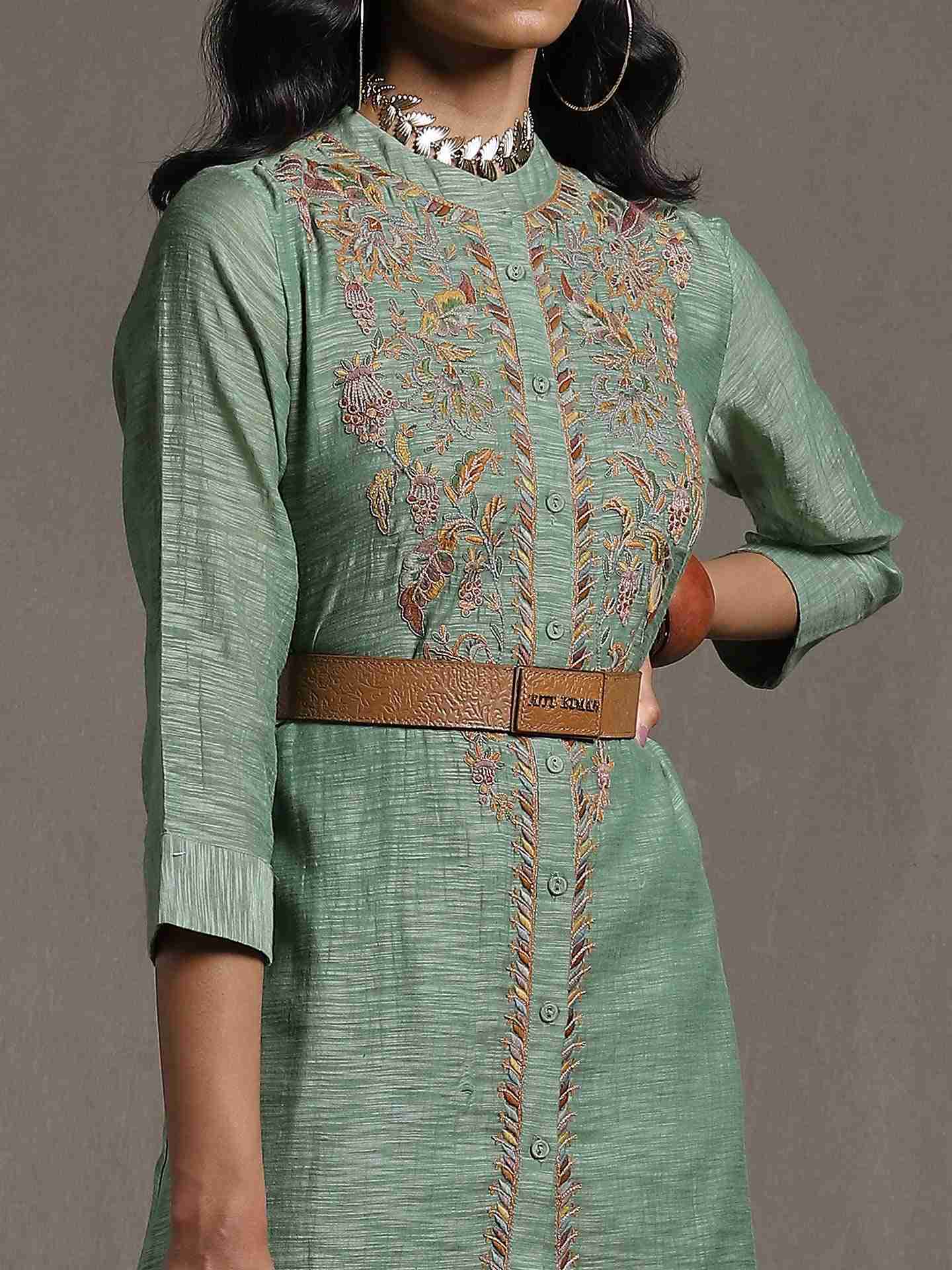 Green Emari Solid Chanderi Kurti
